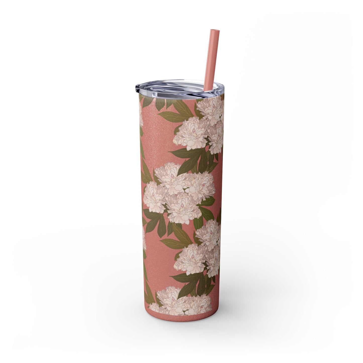 Floral Skinny Tumbler with Straw, 20oz featuring Rachel's Peonies© in a variety of colors and finishes. Easy to Hold Skinny Tumbler, Elegant Drinkware for Home, Office, Wedding, Gifts, and Daily Use