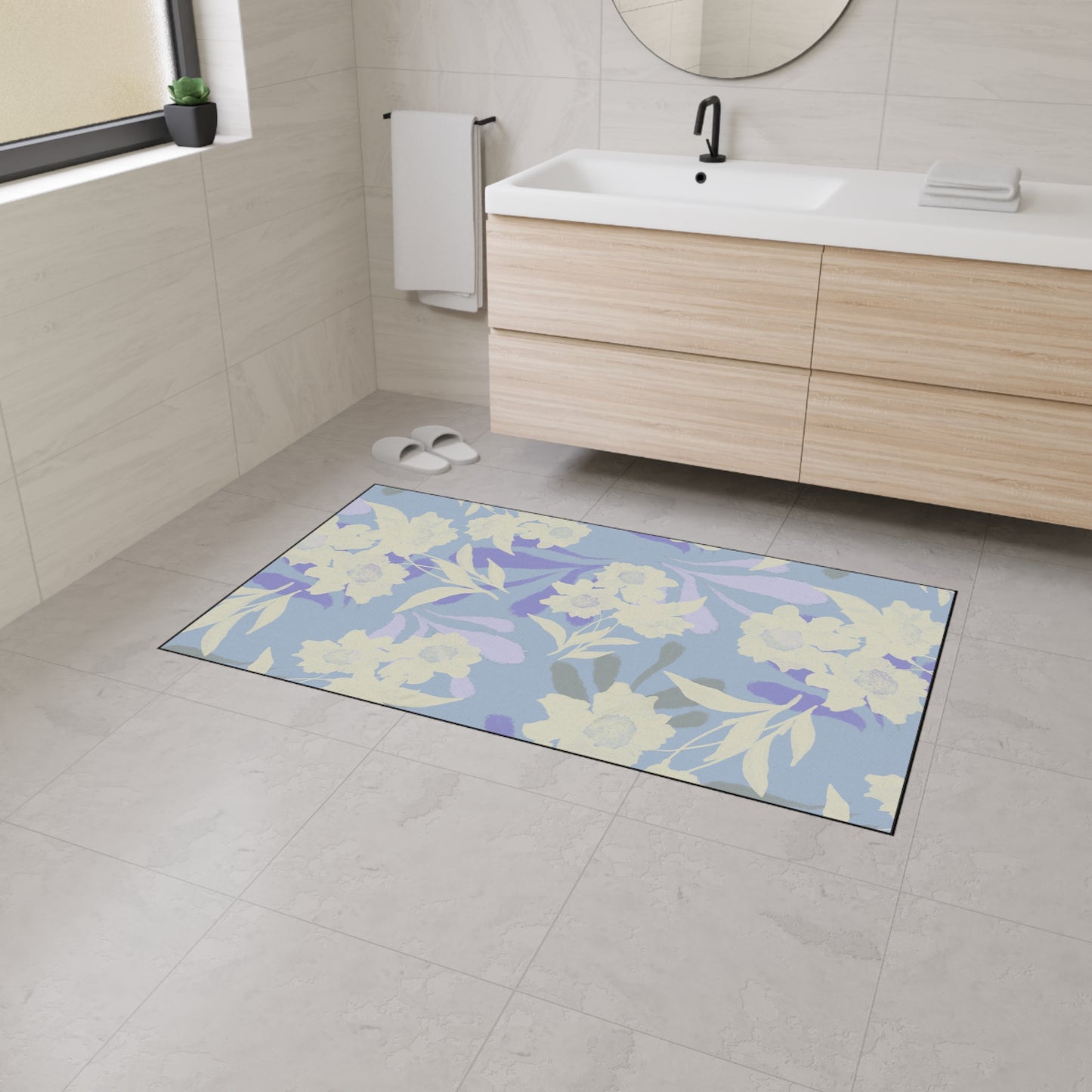 Elegant Floral Elaine© Periwinkle, Heavy Duty Floor Mat - Floral Rubber Entrance Rug, Non-Slip Kitchen Mat, Modern, Indoor/Outdoor Use
