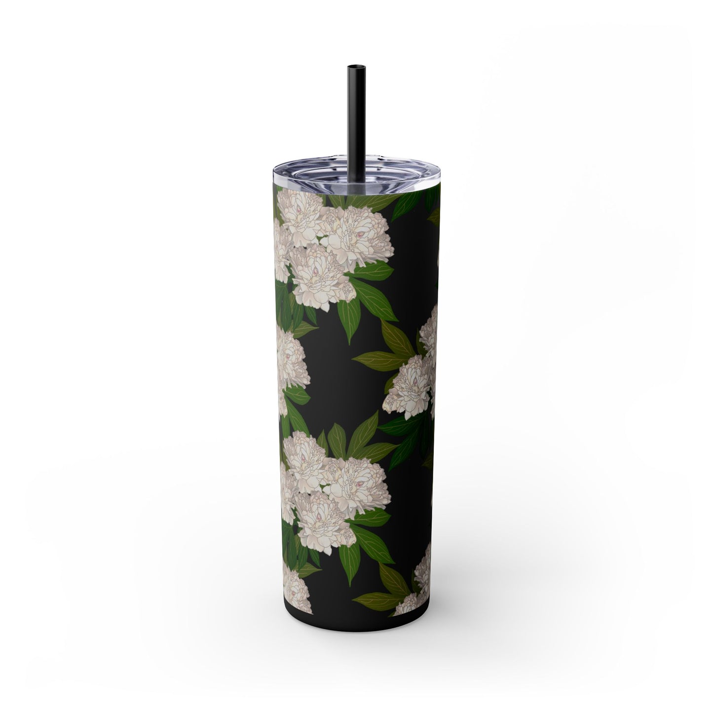 Floral Skinny Tumbler with Straw, 20oz featuring Rachel's Peonies© in a variety of colors and finishes. Easy to Hold Skinny Tumbler, Elegant Drinkware for Home, Office, Wedding, Gifts, and Daily Use