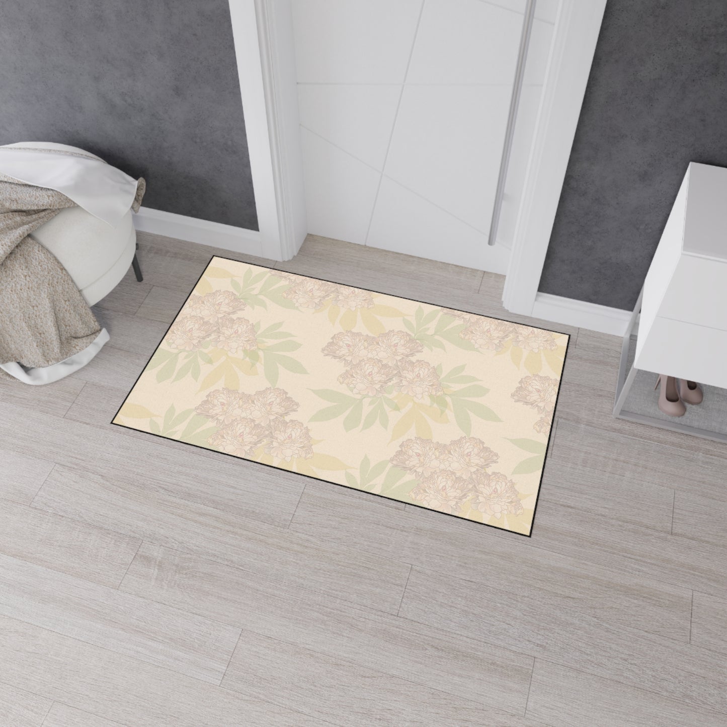 Spacious Floral-Patterned Heavy Duty Floor Mat Featuring Rachel's Peonies© in Blush for Home Decor, Kitchen, Entryway,