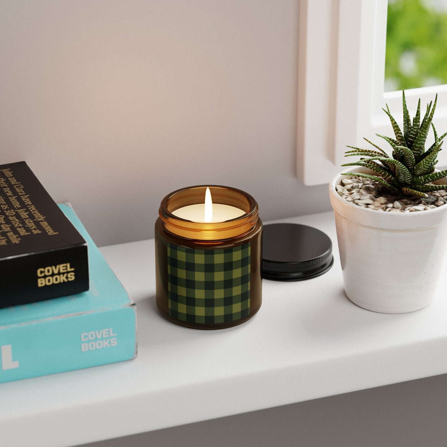 Rustic Plaid Scented Soy Candle, Olive, Cozy Home Decor, Eco-Friendly Gift, Green Checkered Pattern, Relaxation & Aromatherapy.