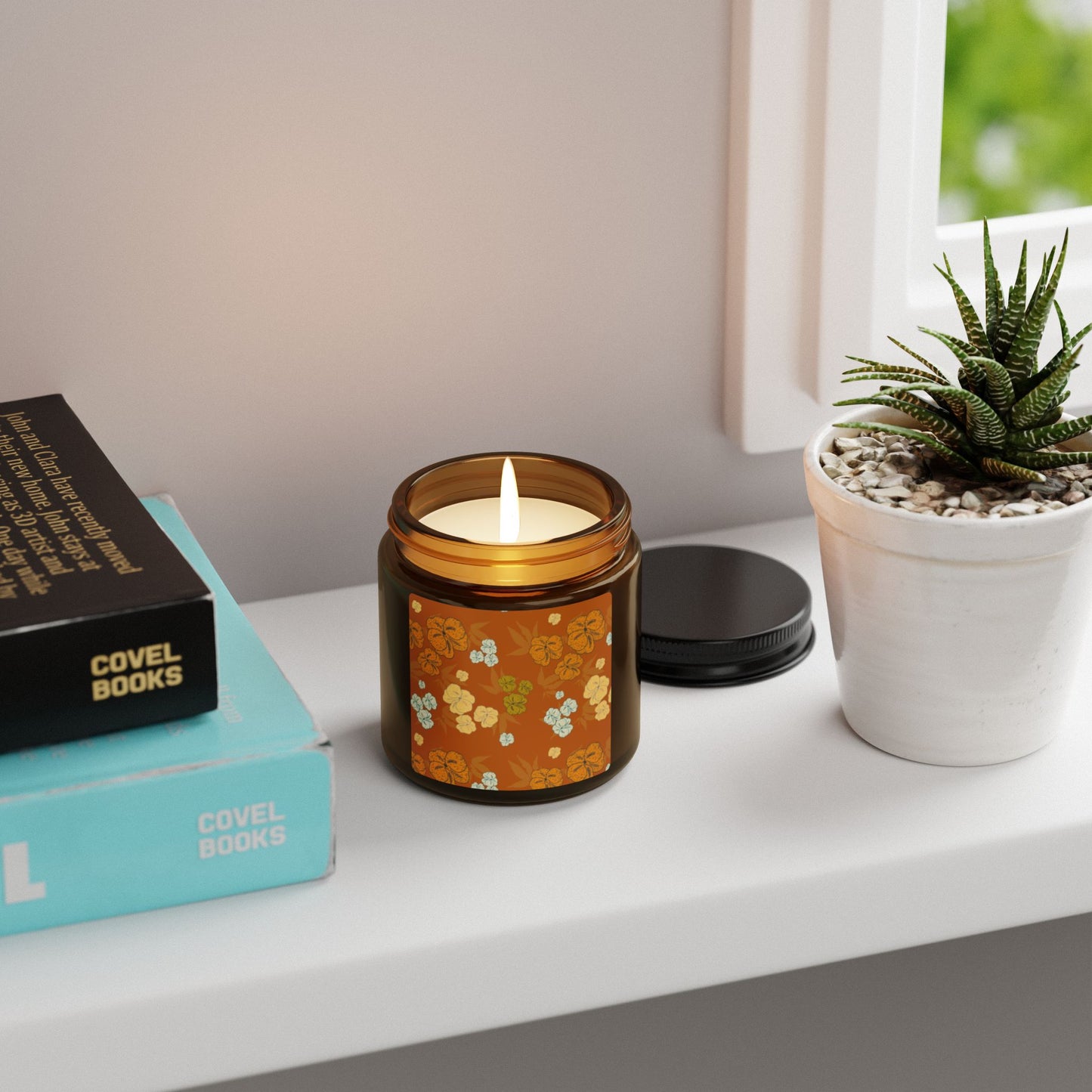 Textured Floral© Deep Orange, Scented Soy Candle in Amber Jar, Featuring Cozy Textured Floral© Autumn Design Aroma Candle