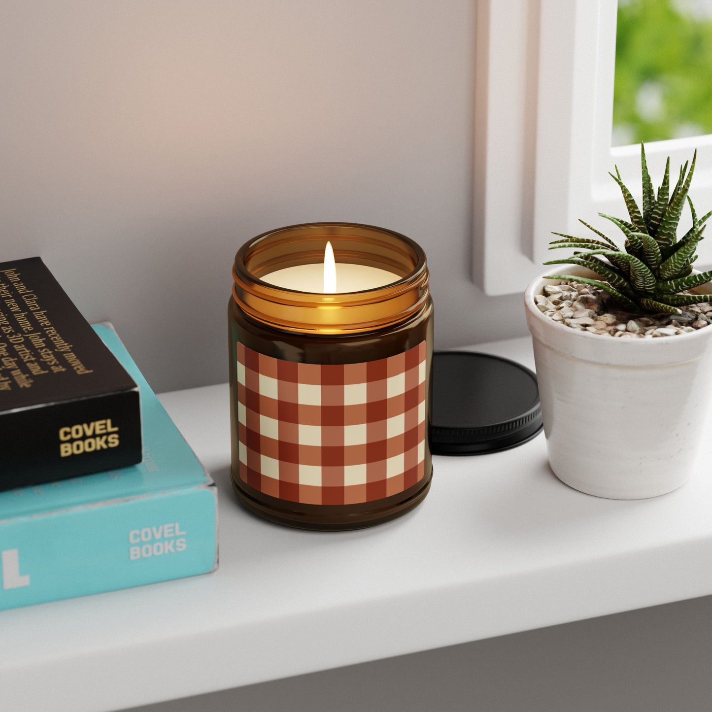 Cozy Amber Jar Candle with Cinnamon Gingham Design, Rustic Home Decor, Scented Candle for Relaxation, Gifts for Housewarming, Decorative Candle