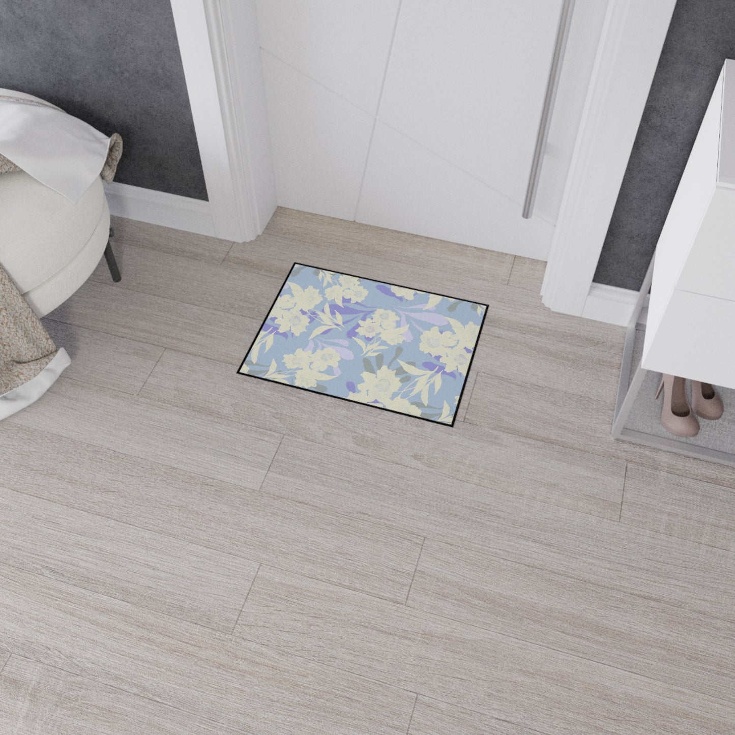 Elegant Floral Elaine© Periwinkle, Heavy Duty Floor Mat - Floral Rubber Entrance Rug, Non-Slip Kitchen Mat, Modern, Indoor/Outdoor Use