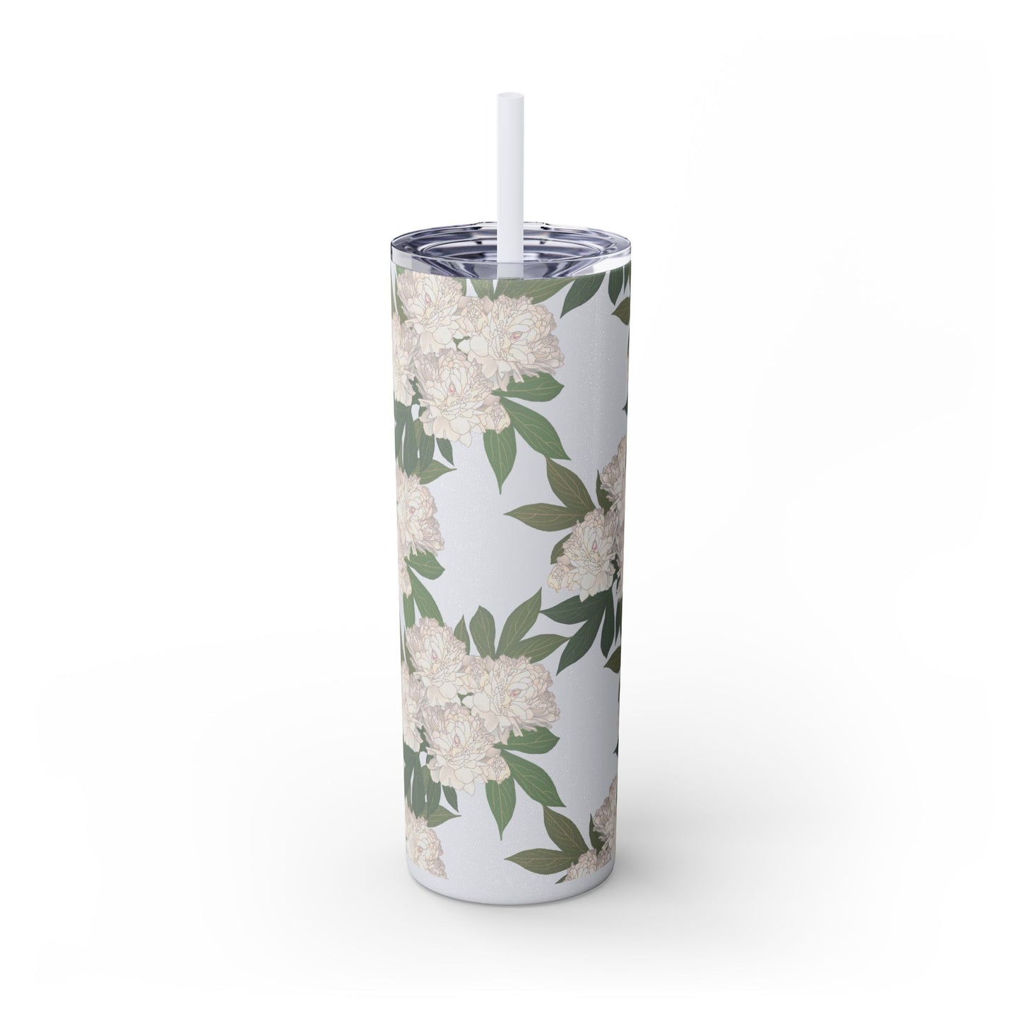 Floral Skinny Tumbler with Straw, 20oz featuring Rachel's Peonies© in a variety of colors and finishes. Easy to Hold Skinny Tumbler, Elegant Drinkware for Home, Office, Wedding, Gifts, and Daily Use