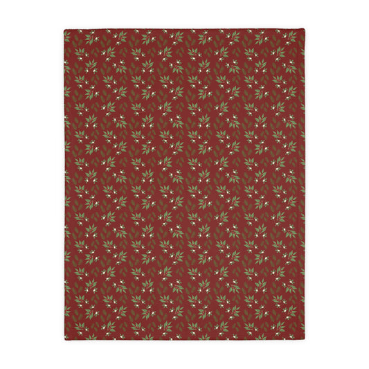 Velveteen Microfiber Blanket (Two-sided print) - Mistletoe, Berries and Sprigs, Cranberry