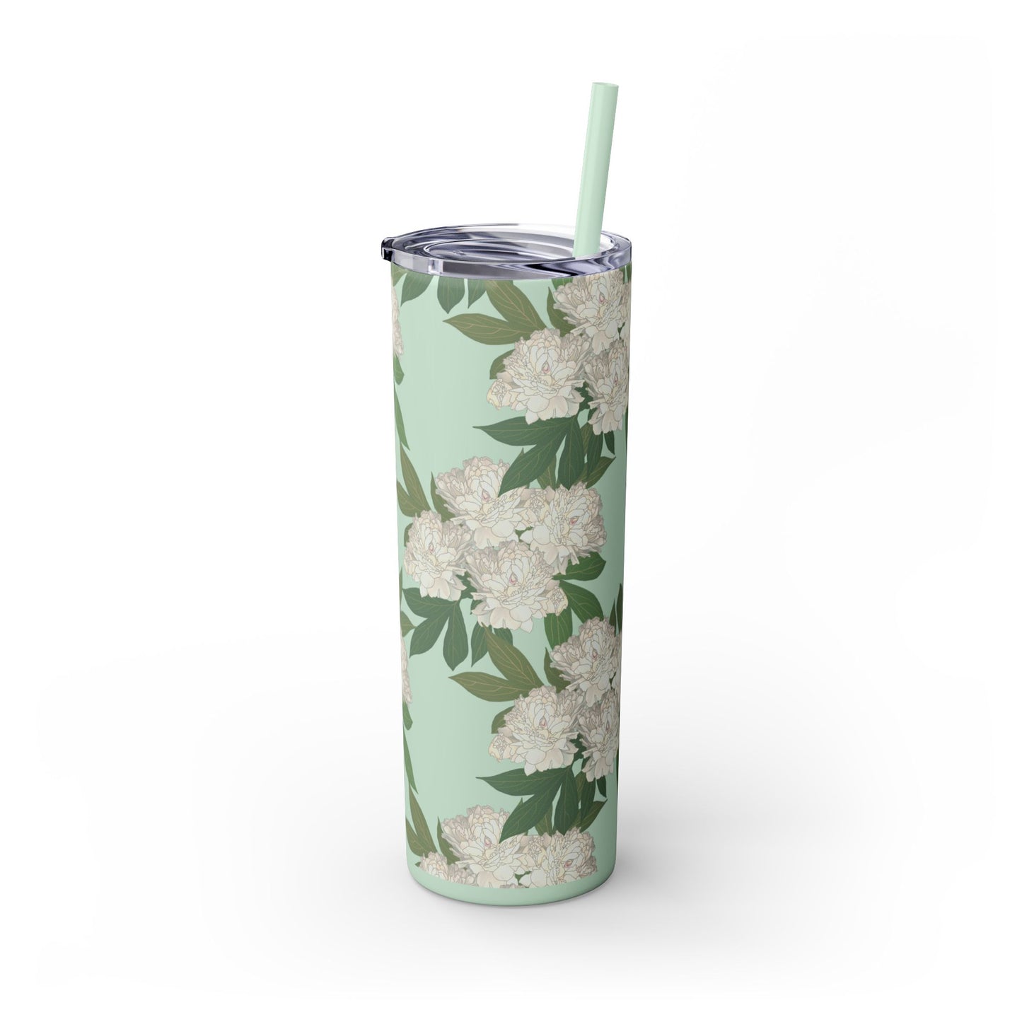 Floral Skinny Tumbler with Straw, 20oz featuring Rachel's Peonies© in a variety of colors and finishes. Easy to Hold Skinny Tumbler, Elegant Drinkware for Home, Office, Wedding, Gifts, and Daily Use