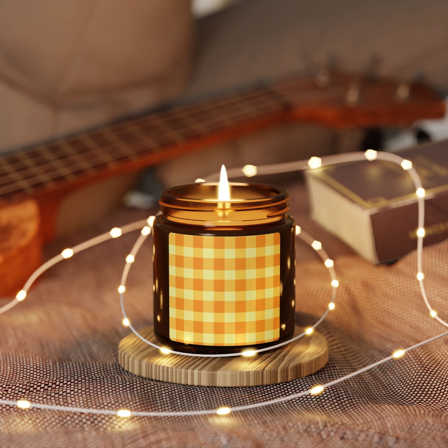Cozy Scented Soy Candle, Orange Gingham Pattern Candle for Home Decor, Relaxation Gift, Aromatherapy Candle, Eco-Friendly Candle