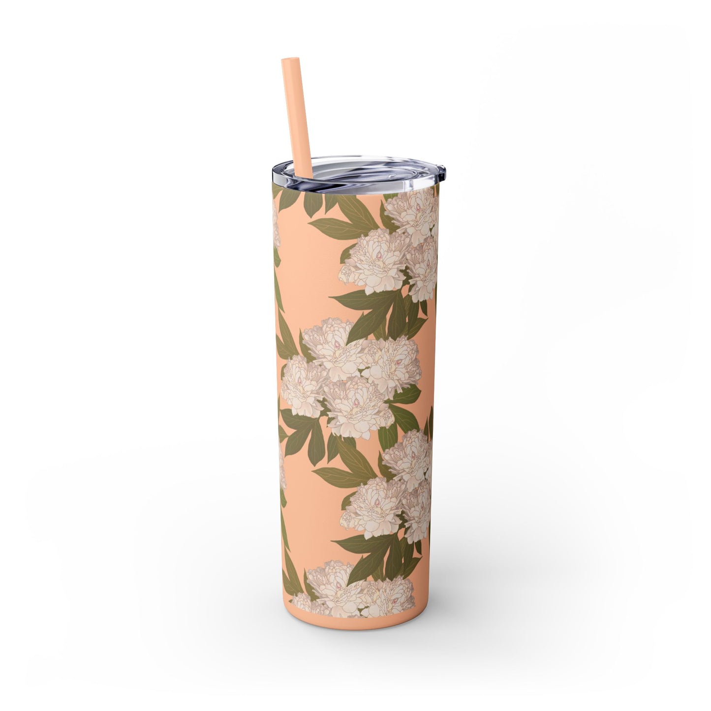 Floral Skinny Tumbler with Straw, 20oz featuring Rachel's Peonies© in a variety of colors and finishes. Easy to Hold Skinny Tumbler, Elegant Drinkware for Home, Office, Wedding, Gifts, and Daily Use