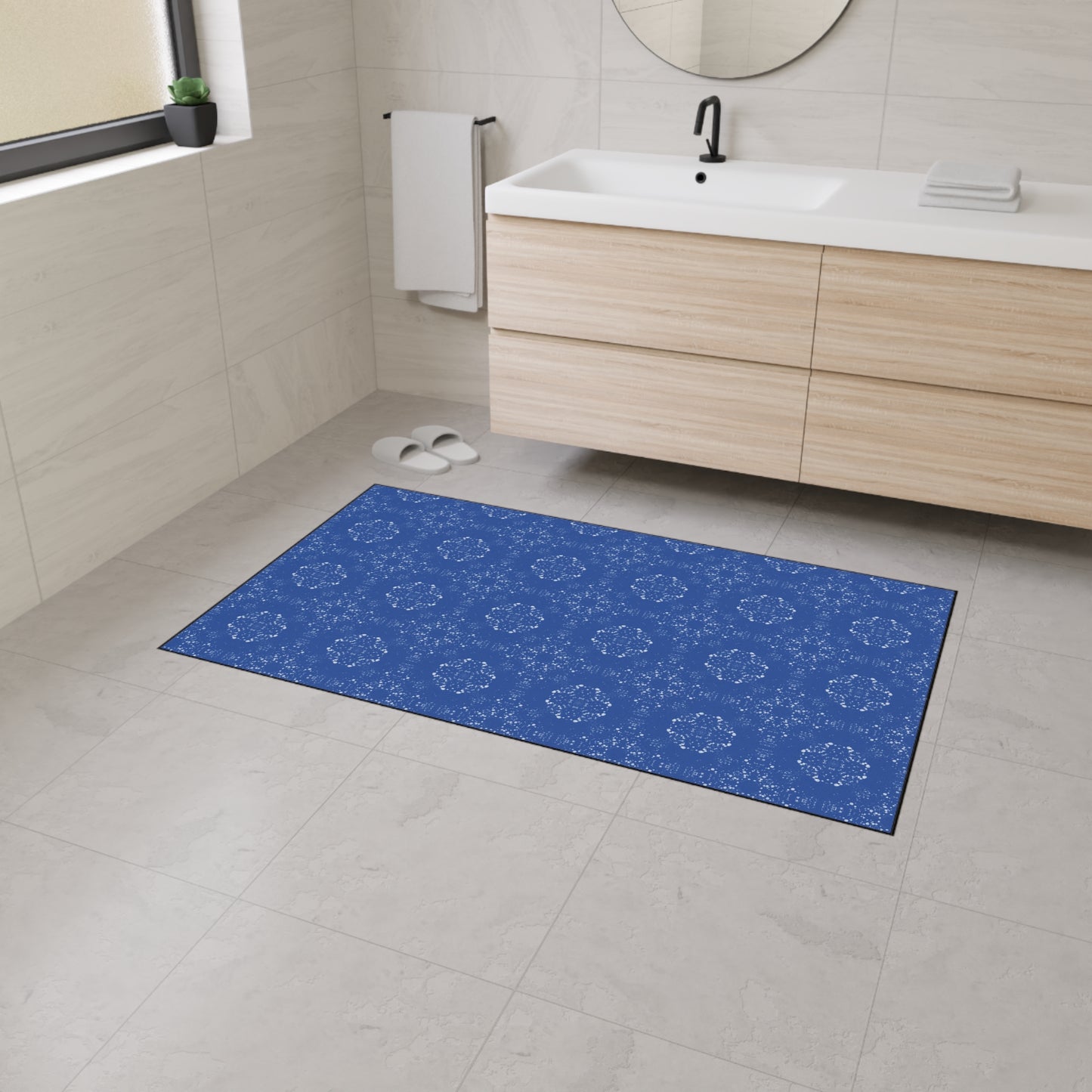 Elegant Heavy Duty Floor Mat for Home & Office, Featuring Batik Scatter© in Blue. Durable Area Mat, Non-Slip Rug for Entrances, Kitchen, and Patio, Perfect Gift for New Home