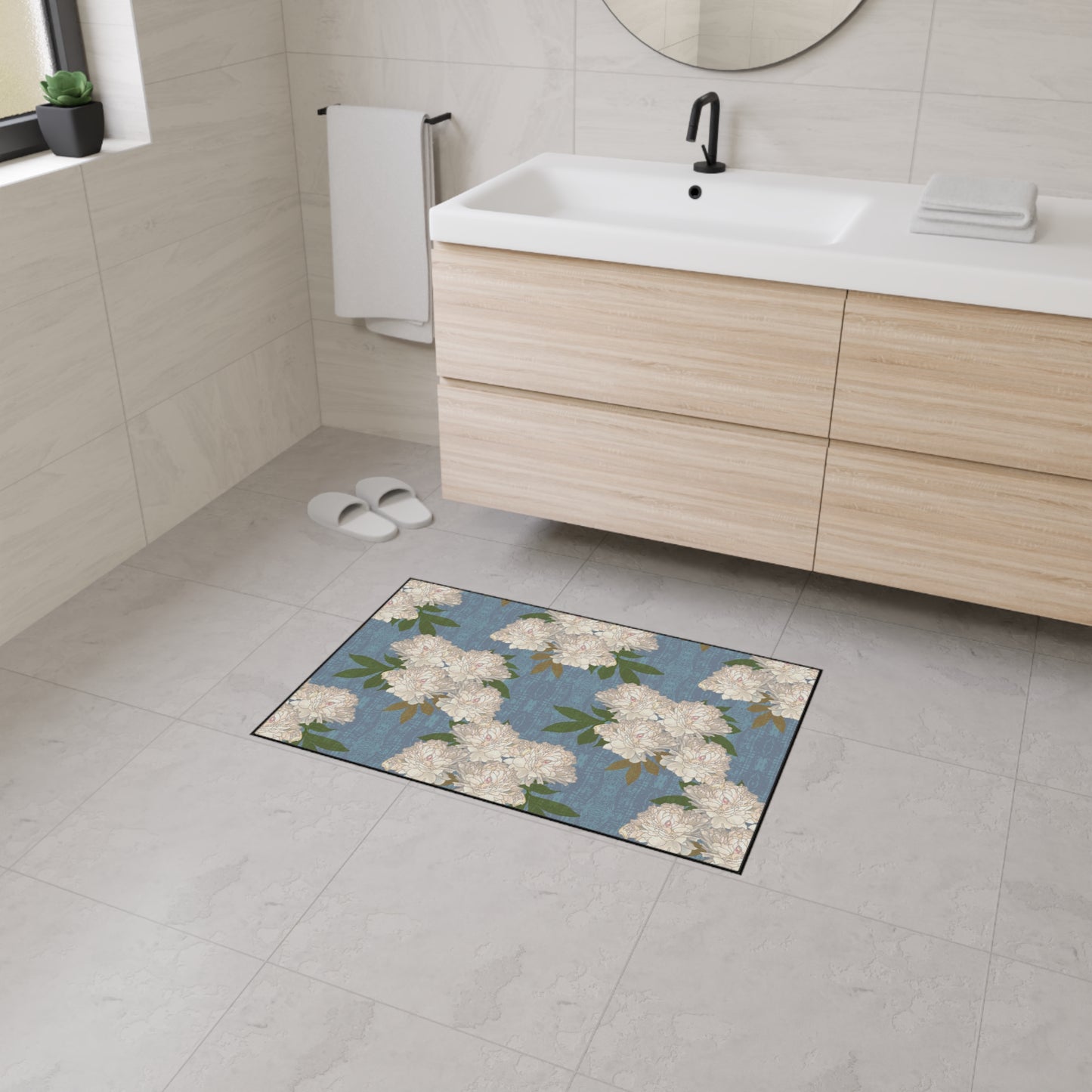 Stylish Heavy Duty Floor Mat, Featuring Rachel's Peonies© in Cornflower Blue. Durable & Elegant Home Decor, Entryway Rugs, Kitchen Mats, Floral Pattern, Versatile & Functional