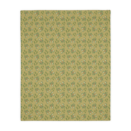 Velveteen Microfiber Blanket (Two-sided print), Mistletoe, Berries and springs, Gold