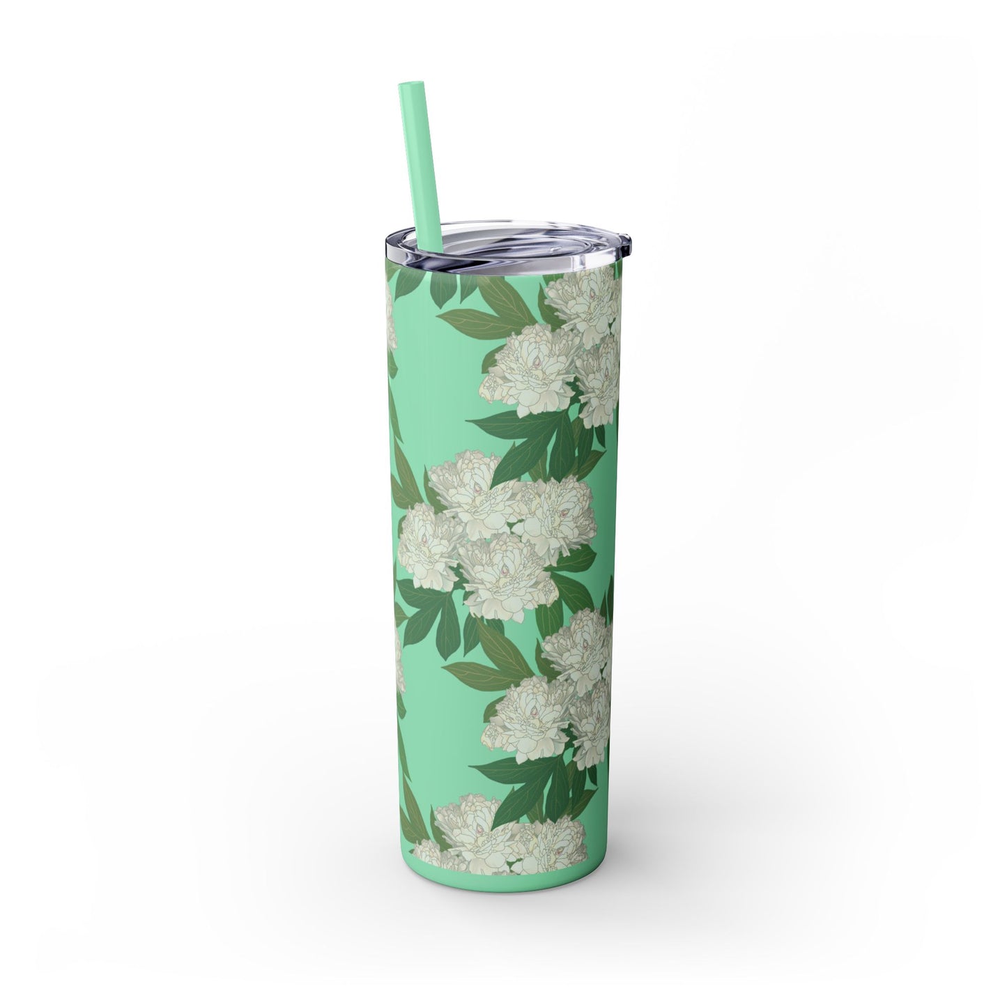 Floral Skinny Tumbler with Straw, 20oz featuring Rachel's Peonies© in a variety of colors and finishes. Easy to Hold Skinny Tumbler, Elegant Drinkware for Home, Office, Wedding, Gifts, and Daily Use