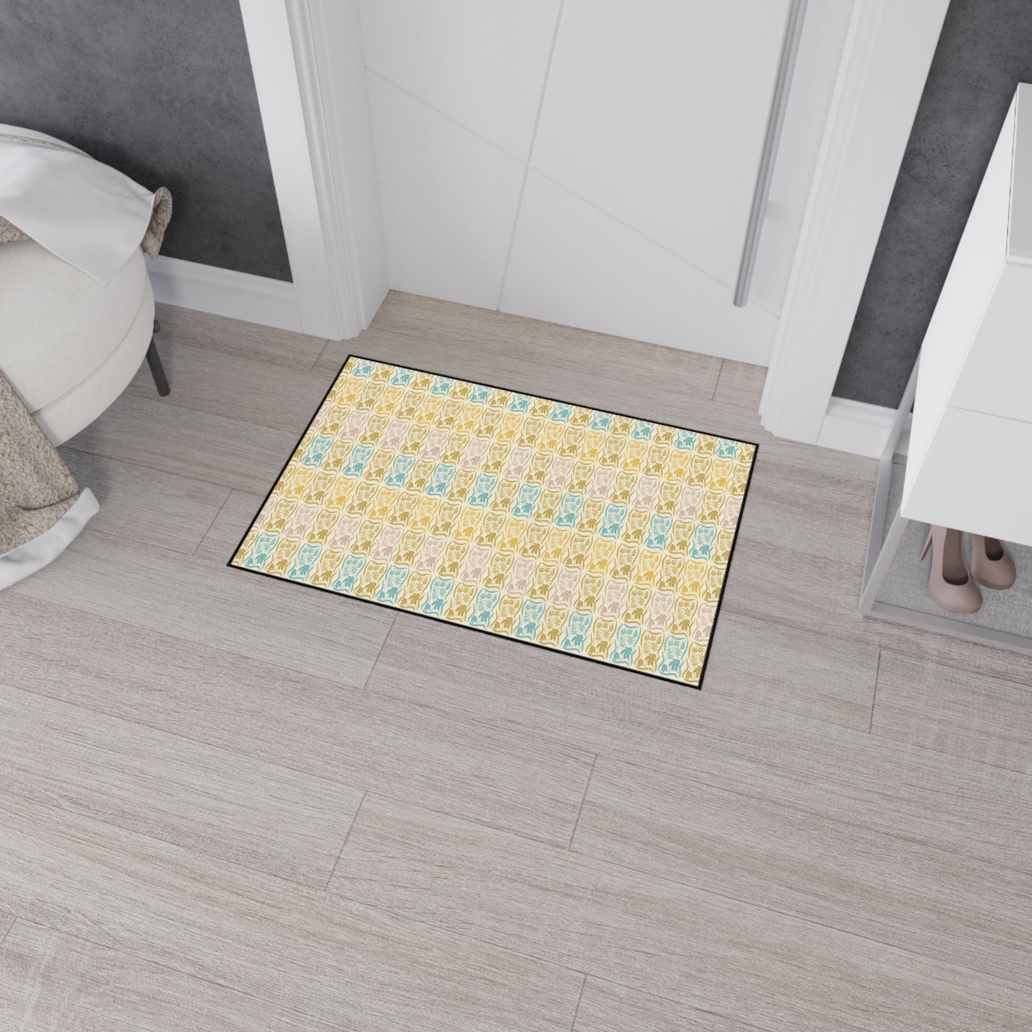 Stylish Heavy Duty Floor Mat for Home & Office | Boho Floral Block Print© Blue and Yellow, Durable Entryway Rug, Non-Slip Mat,