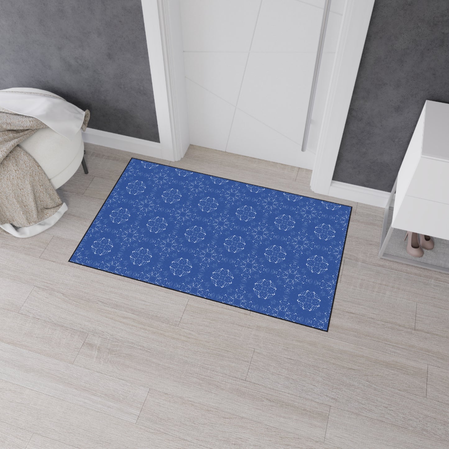 Elegant Heavy Duty Floor Mat for Home & Office, Featuring Batik Scatter© in Blue. Durable Area Mat, Non-Slip Rug for Entrances, Kitchen, and Patio, Perfect Gift for New Home