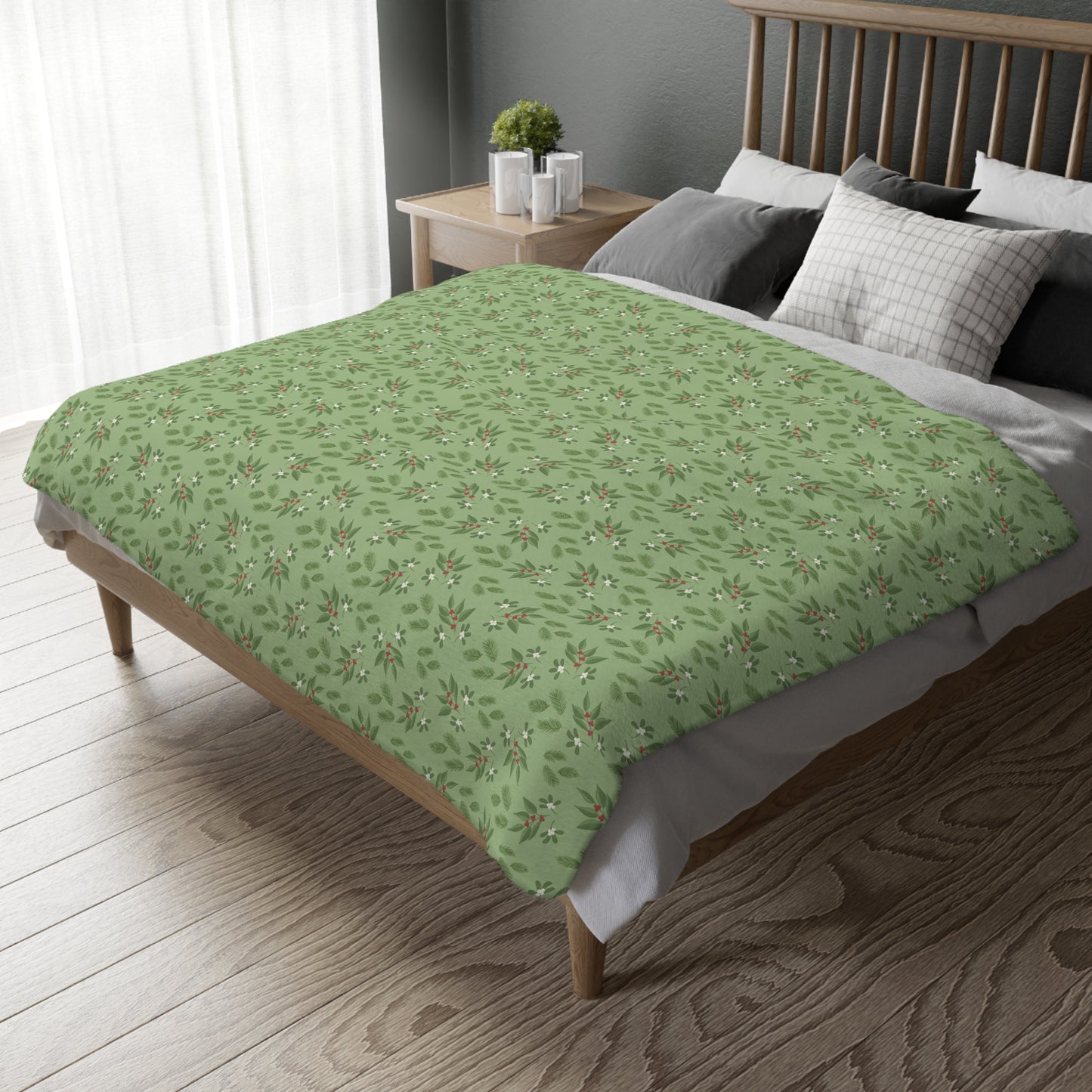 Velveteen Microfiber Blanket (Two-sided print) - Mistletoe, Berries and Sprigs, Sage