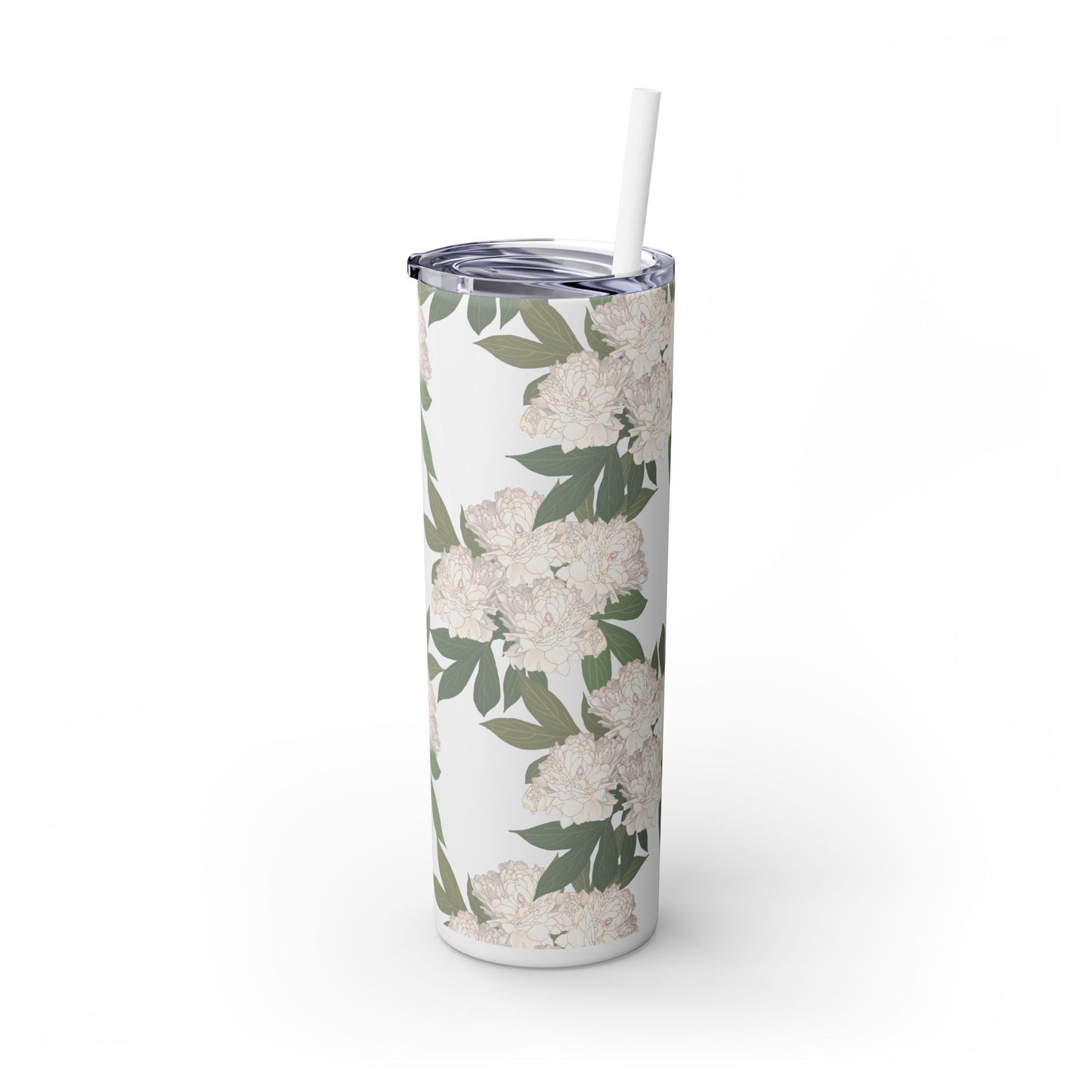 Floral Skinny Tumbler with Straw, 20oz featuring Rachel's Peonies© in a variety of colors and finishes. Easy to Hold Skinny Tumbler, Elegant Drinkware for Home, Office, Wedding, Gifts, and Daily Use