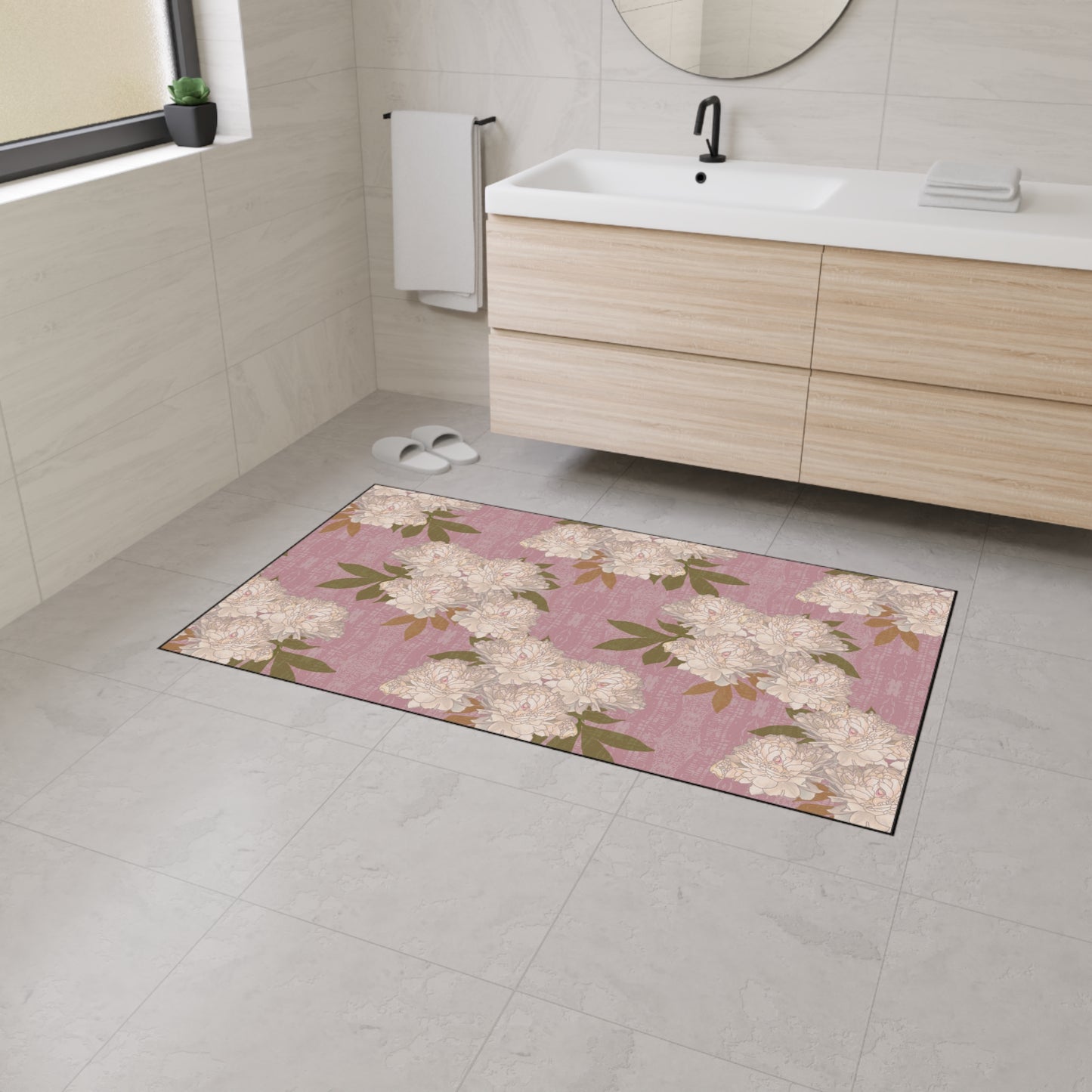 Floral Heavy Duty Floor Mat for Home Decor, Entryway Rug, Kitchen Pad, Durable Non-Slip Mat, Ideal for Weddings and Celebrations Featuring Rachel's Peonies© in Dusty Pink.