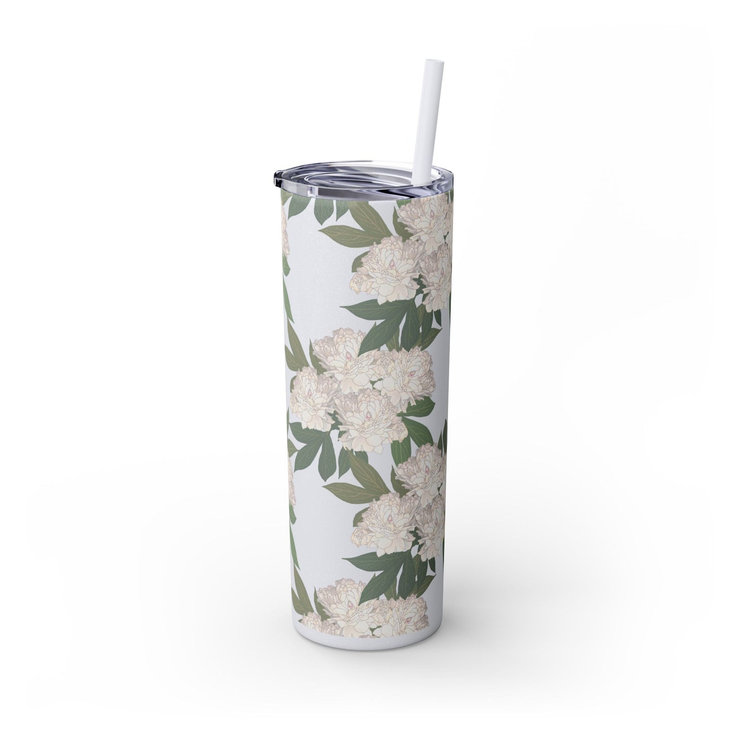 Floral Skinny Tumbler with Straw, 20oz featuring Rachel's Peonies© in a variety of colors and finishes. Easy to Hold Skinny Tumbler, Elegant Drinkware for Home, Office, Wedding, Gifts, and Daily Use