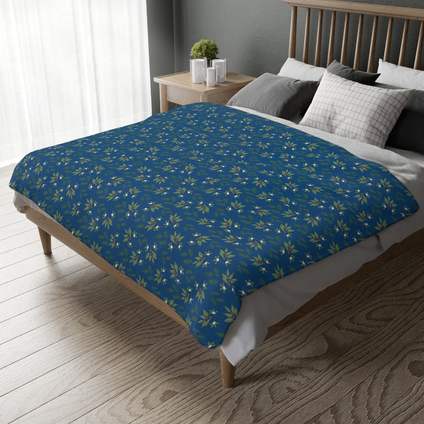 Velveteen Microfiber Blanket (Two-sided print) - Mistletoe, Berries and Sprigs, Dark Blue