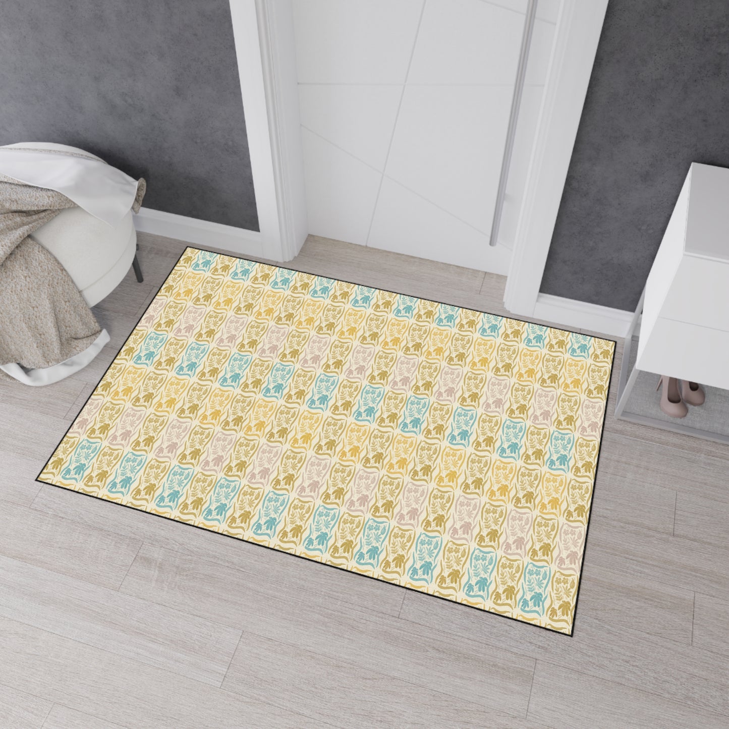 Stylish Heavy Duty Floor Mat for Home & Office | Boho Floral Block Print© Blue and Yellow, Durable Entryway Rug, Non-Slip Mat,