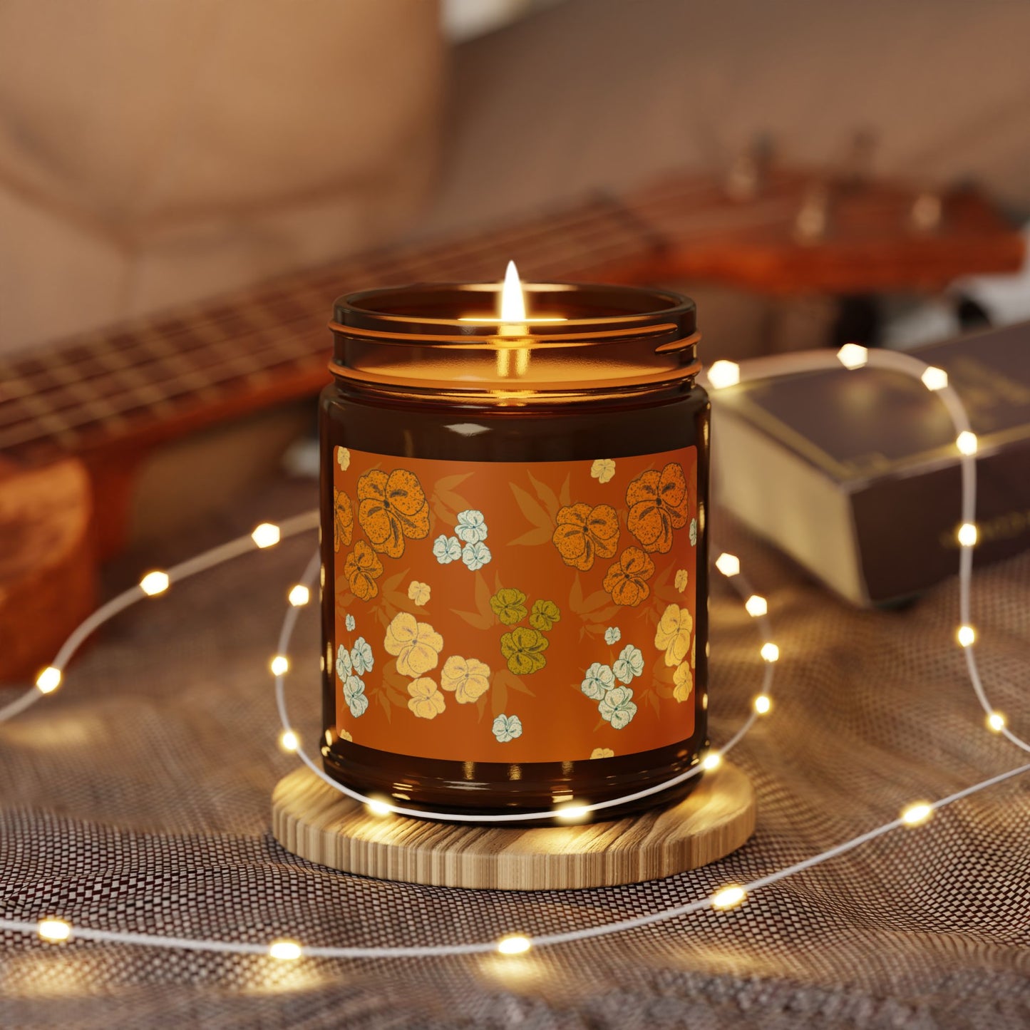 Textured Floral© Deep Orange, Scented Soy Candle in Amber Jar, Featuring Cozy Textured Floral© Autumn Design Aroma Candle