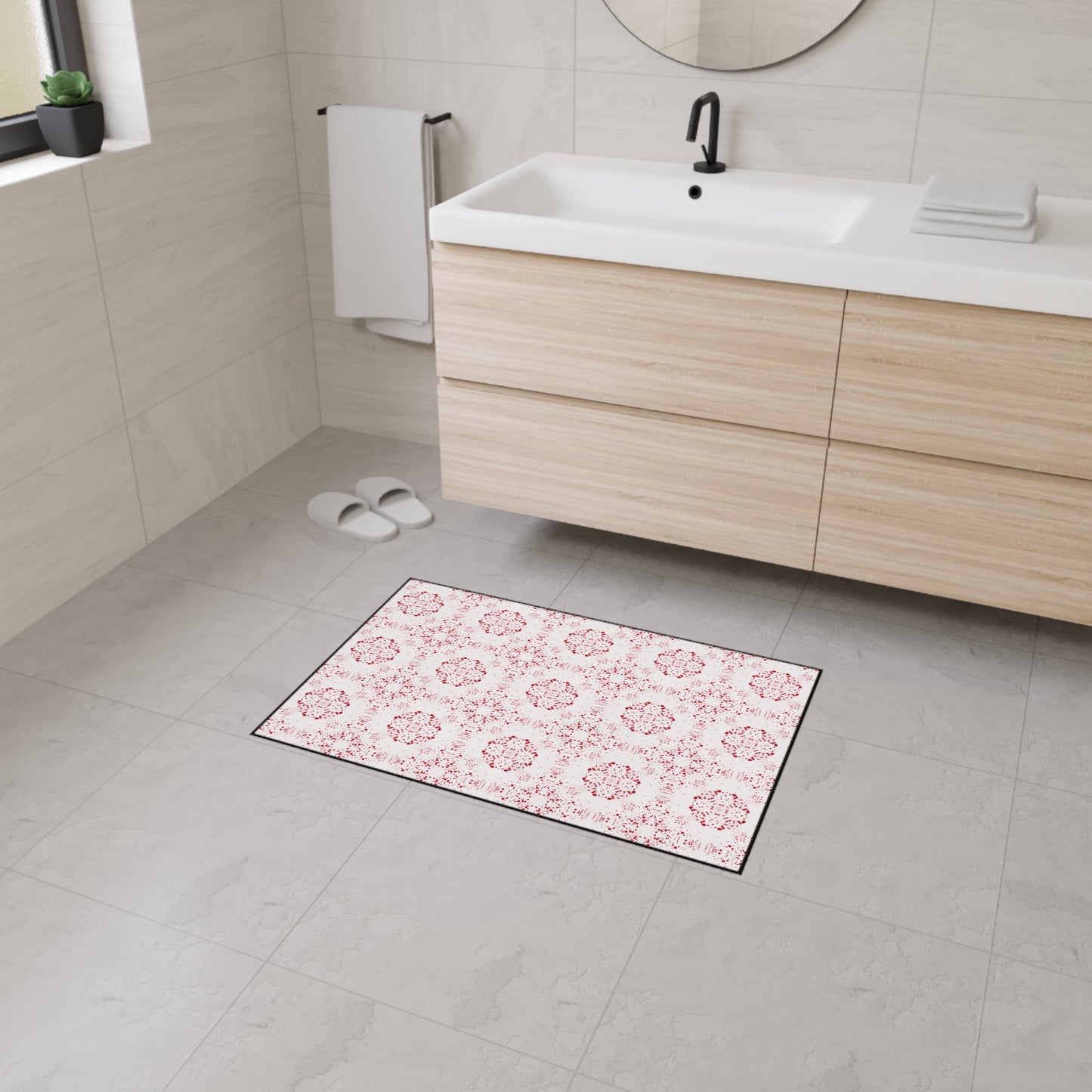 Elegant Heavy Duty Floor Mat Featuring Batik Scatter© in Red and White. Durable Entry Rug, Kitchen Mat, Home Decor, Modern Floor Covering, Decorative Area Rug
