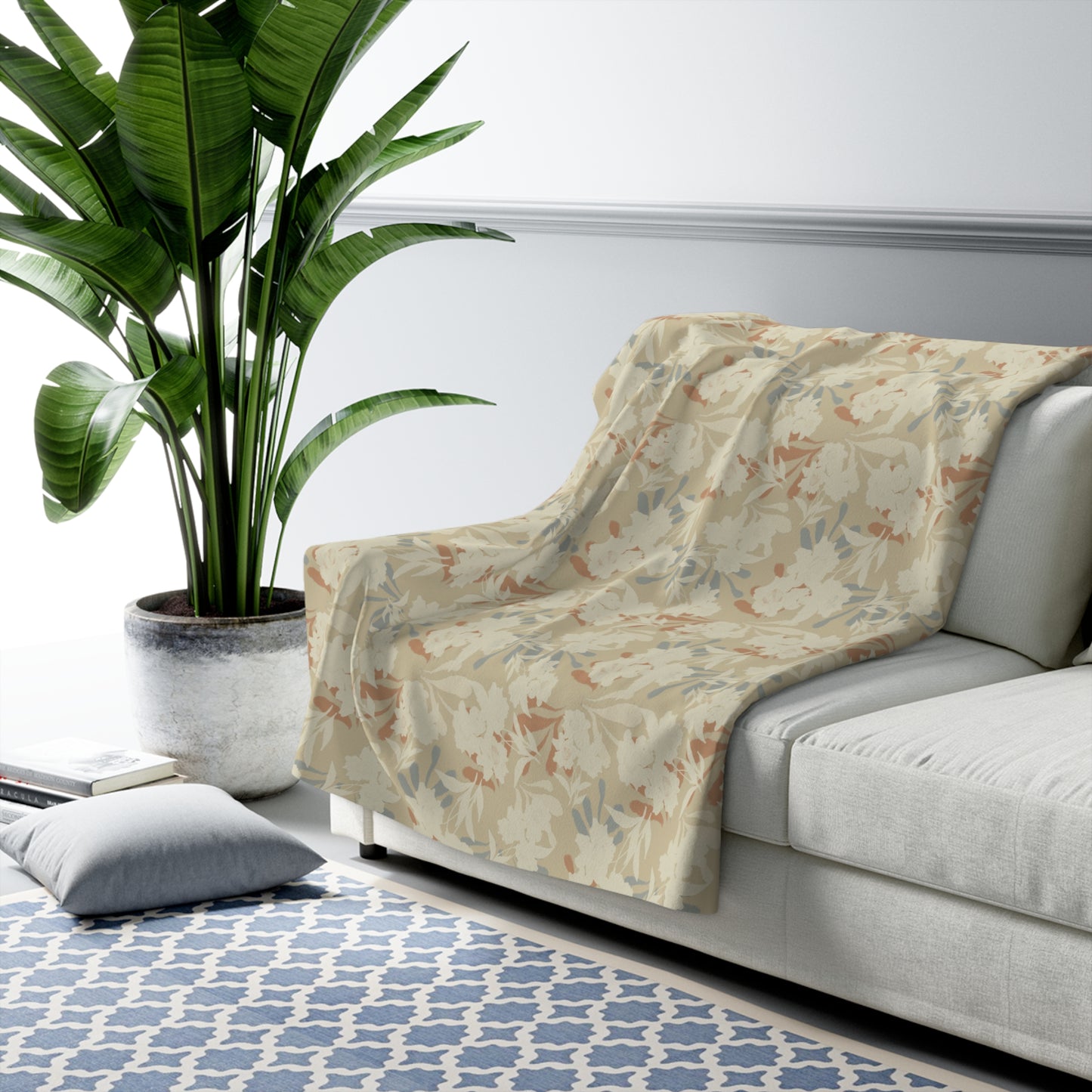 Cozy Floral Sherpa Fleece Blanket featuring Elaine© Soft Neutral Floral Print with Painterly Brushstrokes in Cream, Dusty Blue & Terracotta Accents