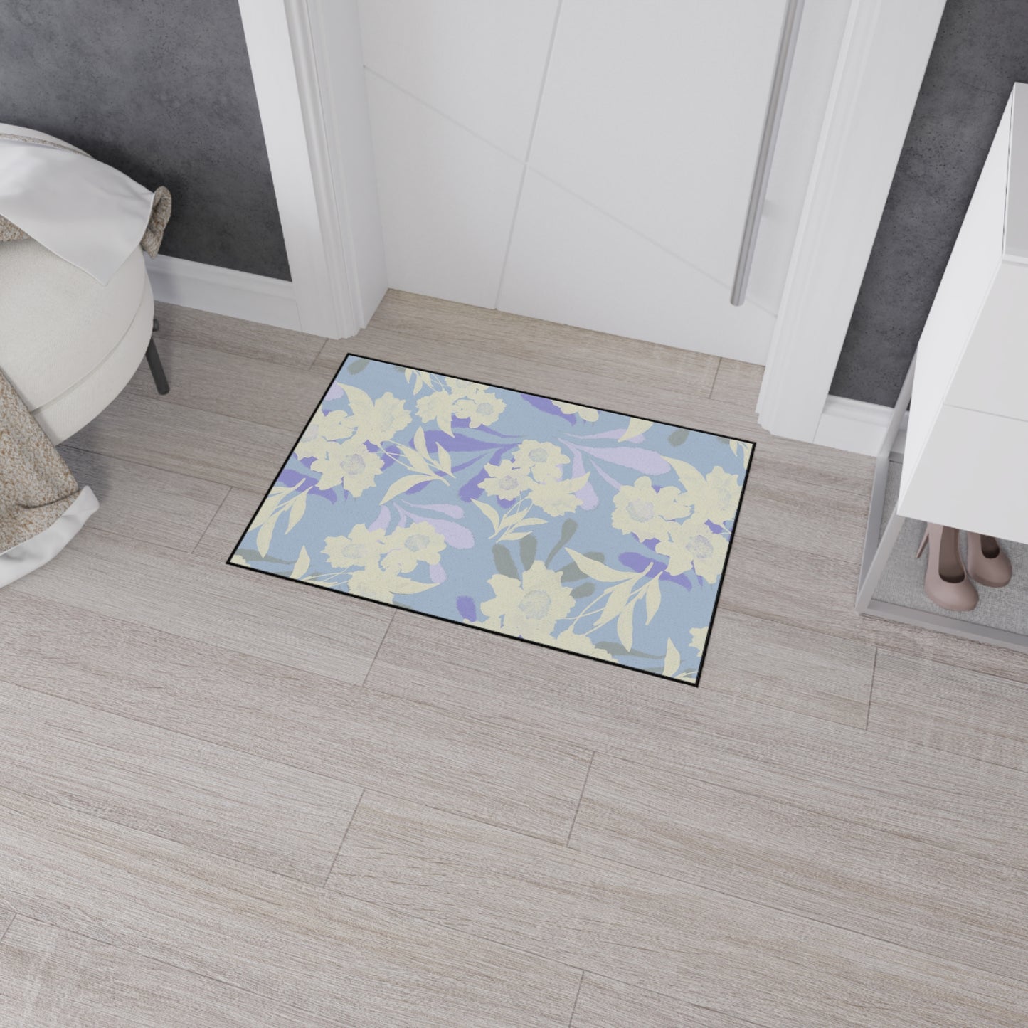 Elegant Floral Elaine© Periwinkle, Heavy Duty Floor Mat - Floral Rubber Entrance Rug, Non-Slip Kitchen Mat, Modern, Indoor/Outdoor Use