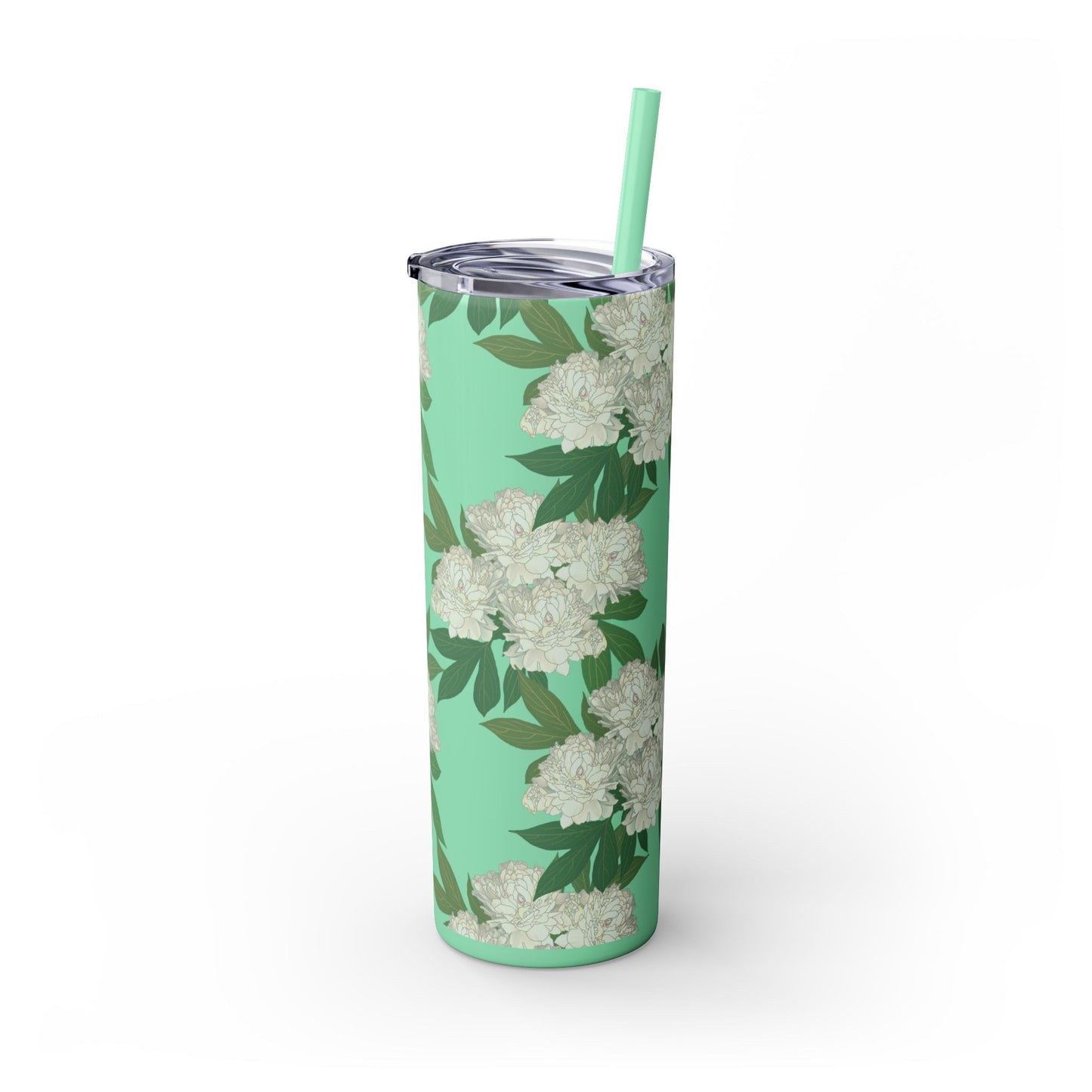 Floral Skinny Tumbler with Straw, 20oz featuring Rachel's Peonies© in a variety of colors and finishes. Easy to Hold Skinny Tumbler, Elegant Drinkware for Home, Office, Wedding, Gifts, and Daily Use