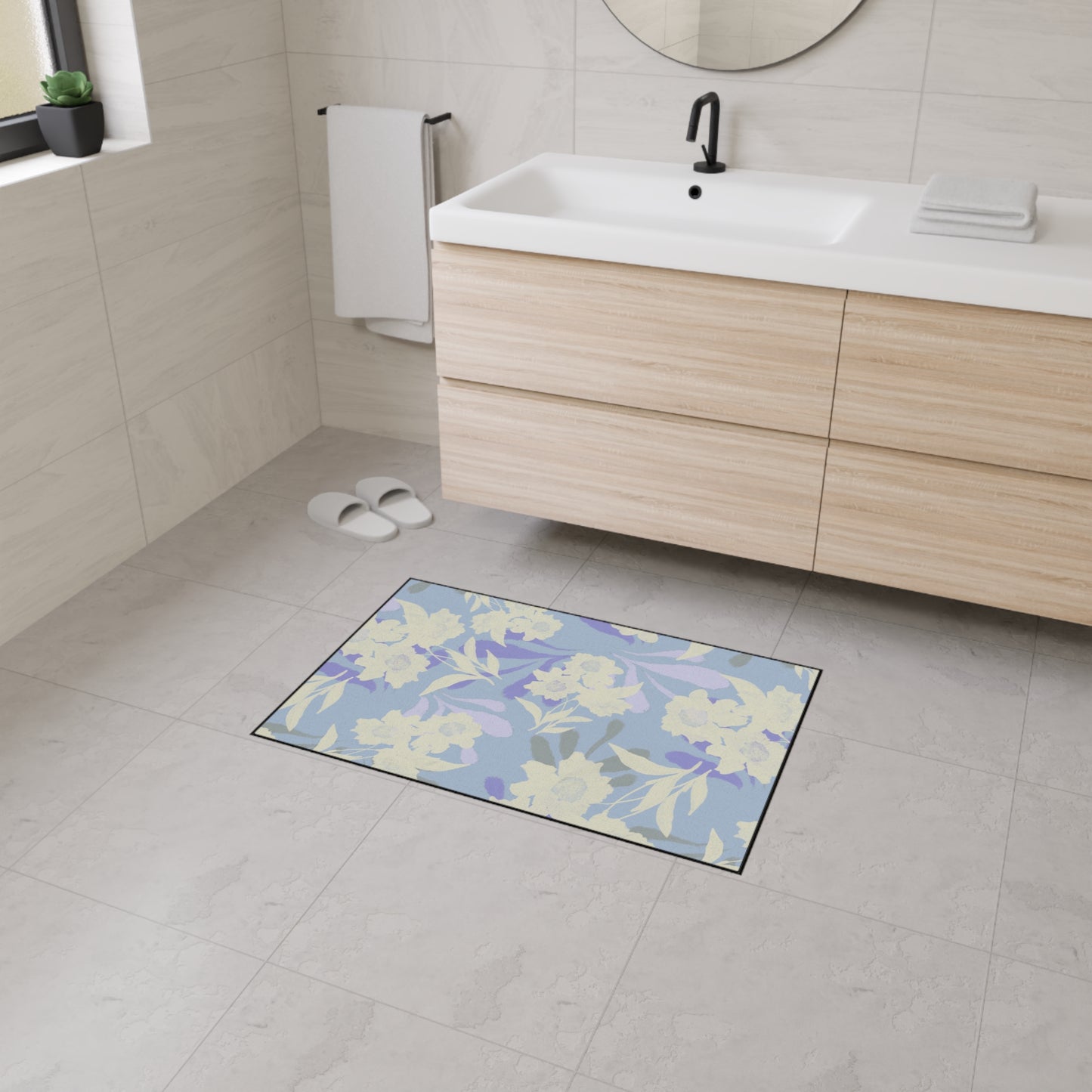 Elegant Floral Elaine© Periwinkle, Heavy Duty Floor Mat - Floral Rubber Entrance Rug, Non-Slip Kitchen Mat, Modern, Indoor/Outdoor Use