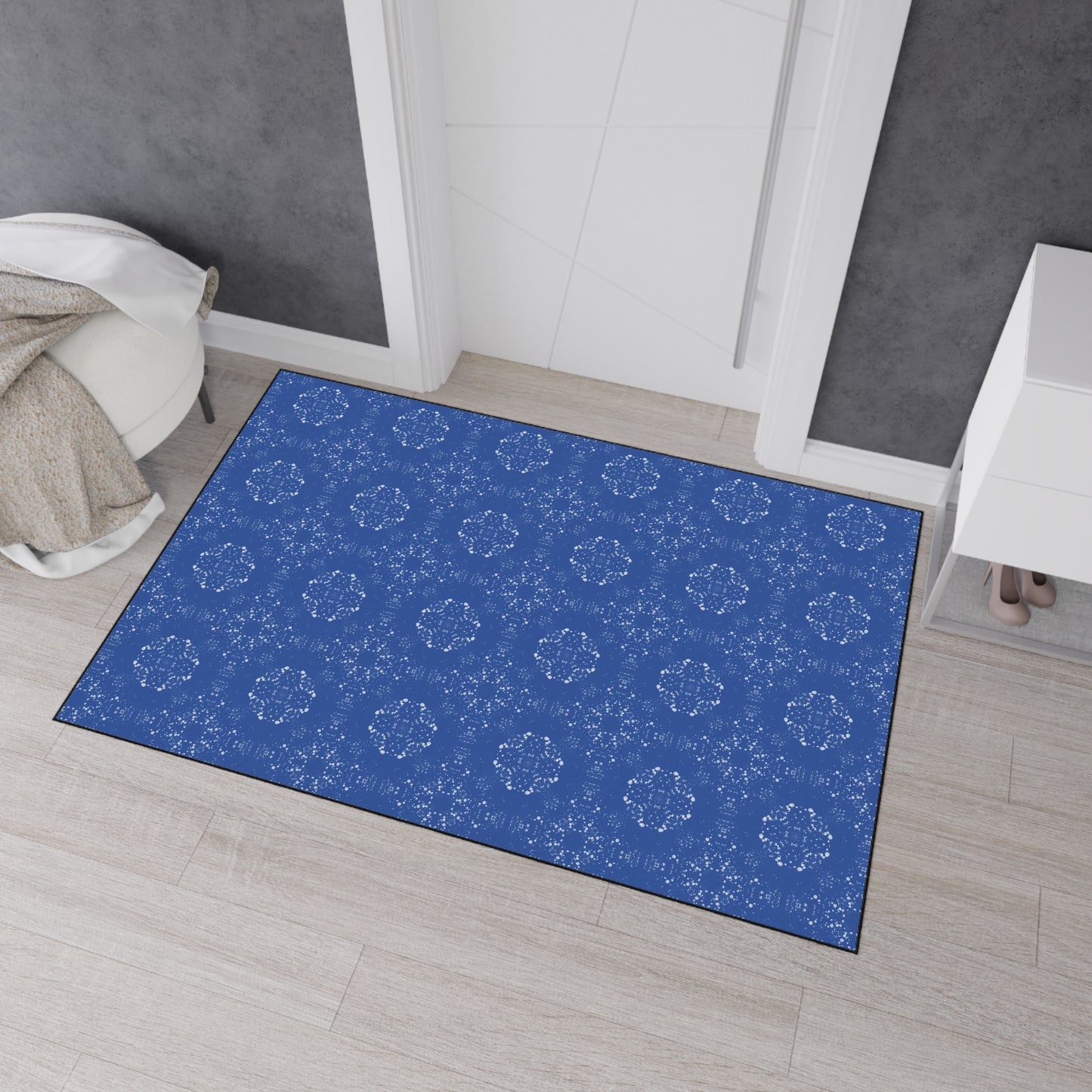 Elegant Heavy Duty Floor Mat for Home & Office, Featuring Batik Scatter© in Blue. Durable Area Mat, Non-Slip Rug for Entrances, Kitchen, and Patio, Perfect Gift for New Home