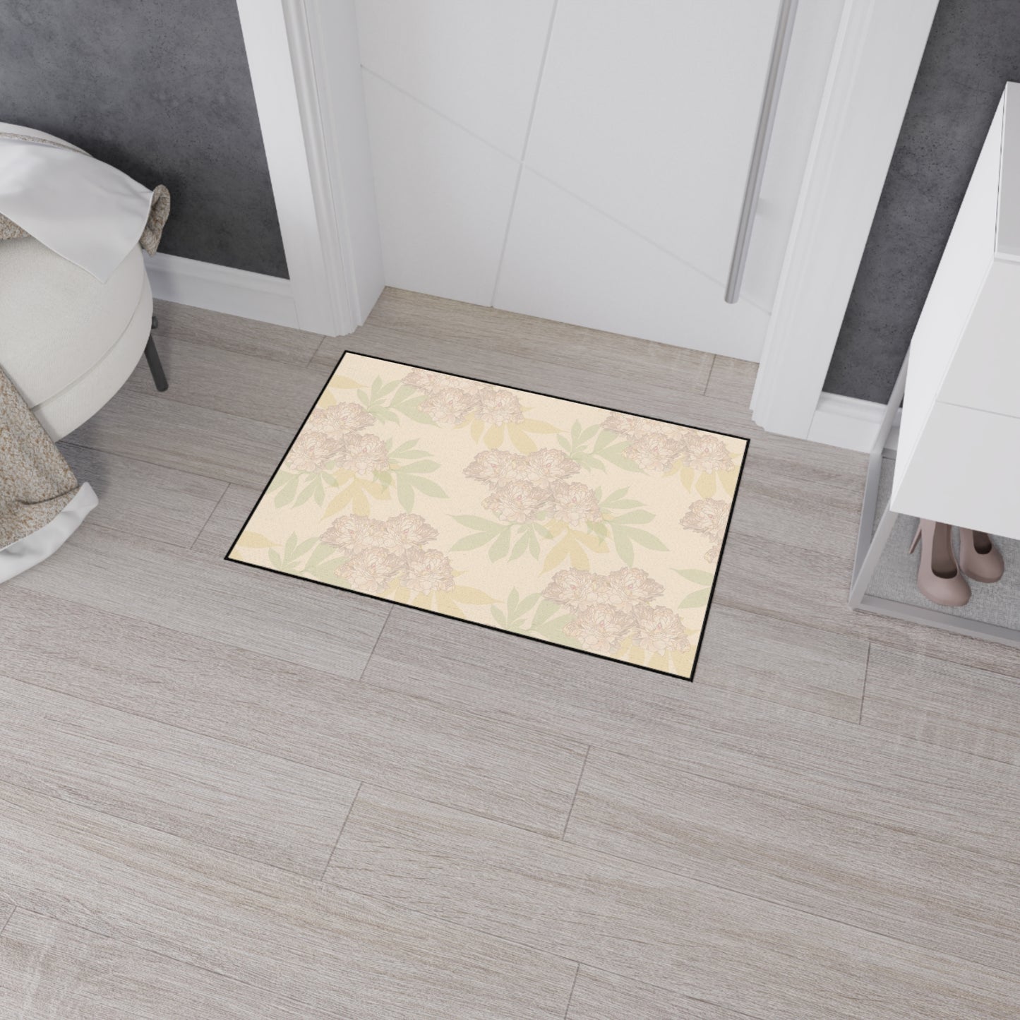 Spacious Floral-Patterned Heavy Duty Floor Mat Featuring Rachel's Peonies© in Blush for Home Decor, Kitchen, Entryway,
