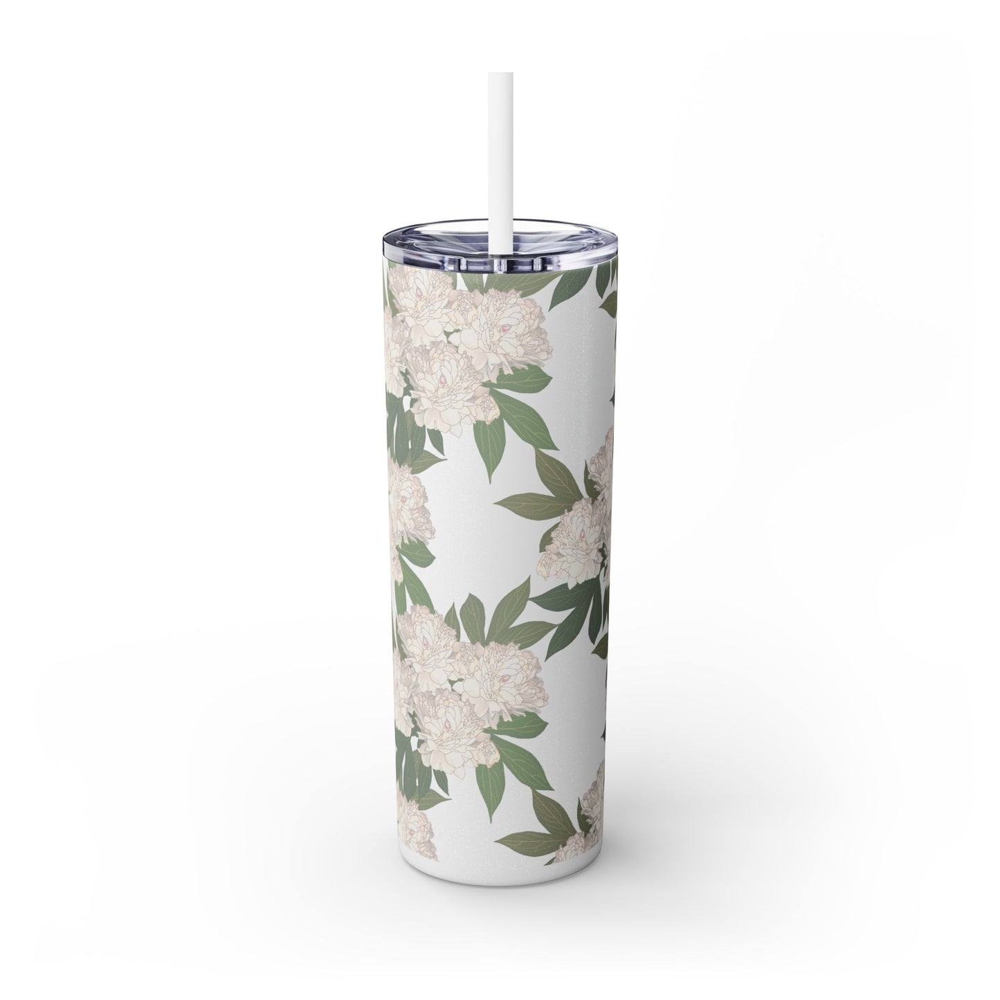 Floral Skinny Tumbler with Straw, 20oz featuring Rachel's Peonies© in a variety of colors and finishes. Easy to Hold Skinny Tumbler, Elegant Drinkware for Home, Office, Wedding, Gifts, and Daily Use