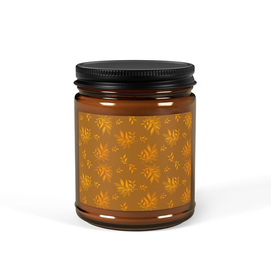 Warm Amber Scented Soy Candle, Featuring Vintage Leaf Toss© in Deep Orange. Cozy Home Decor, Gift for Her, Relaxation, Aromatherapy, Multi-Size Candle Jar