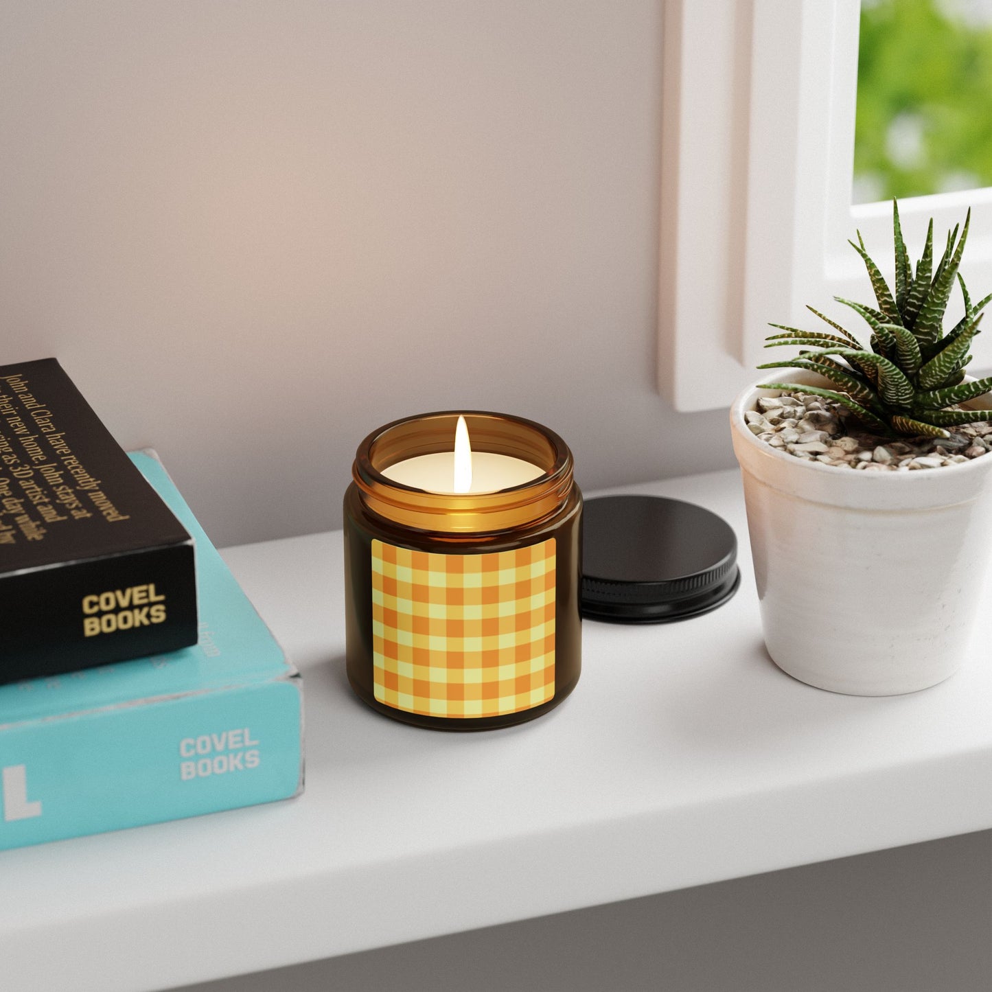 Cozy Scented Soy Candle, Orange Gingham Pattern Candle for Home Decor, Relaxation Gift, Aromatherapy Candle, Eco-Friendly Candle