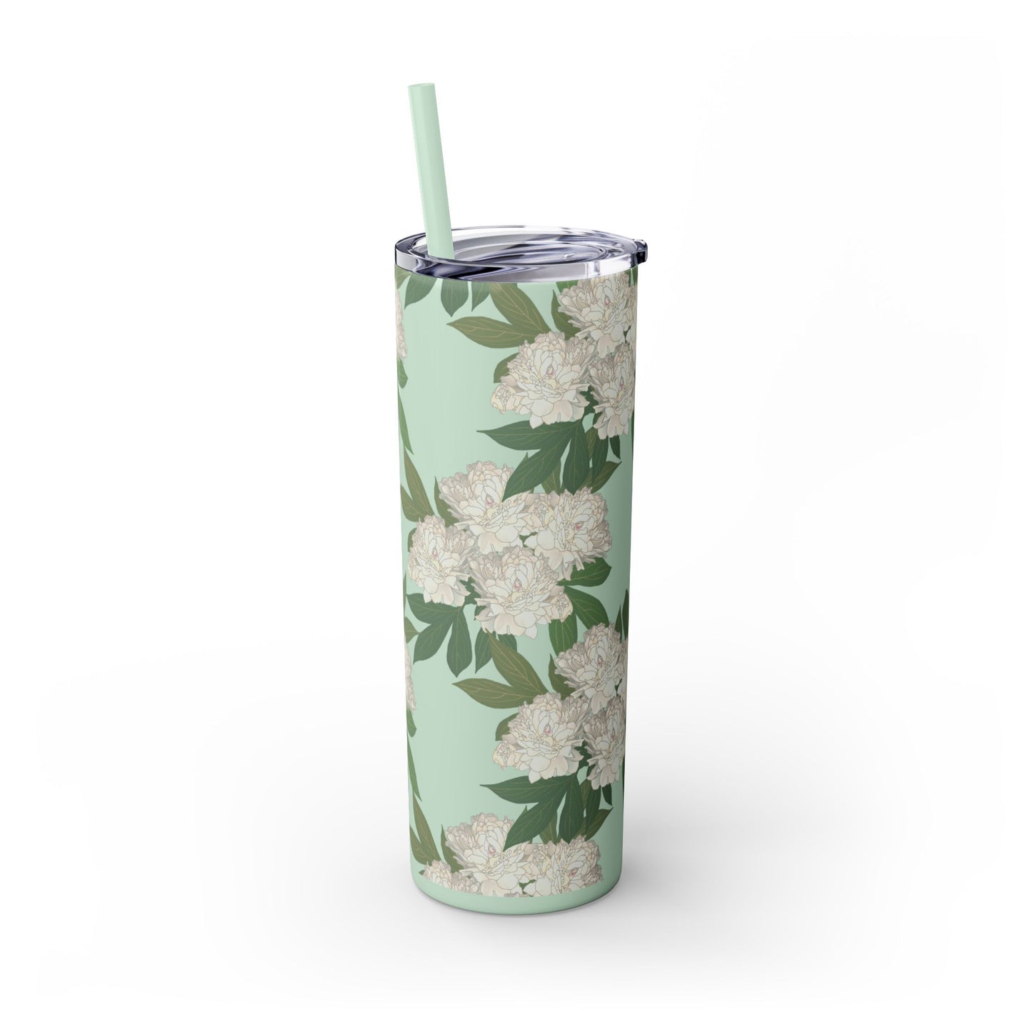 Floral Skinny Tumbler with Straw, 20oz featuring Rachel's Peonies© in a variety of colors and finishes. Easy to Hold Skinny Tumbler, Elegant Drinkware for Home, Office, Wedding, Gifts, and Daily Use