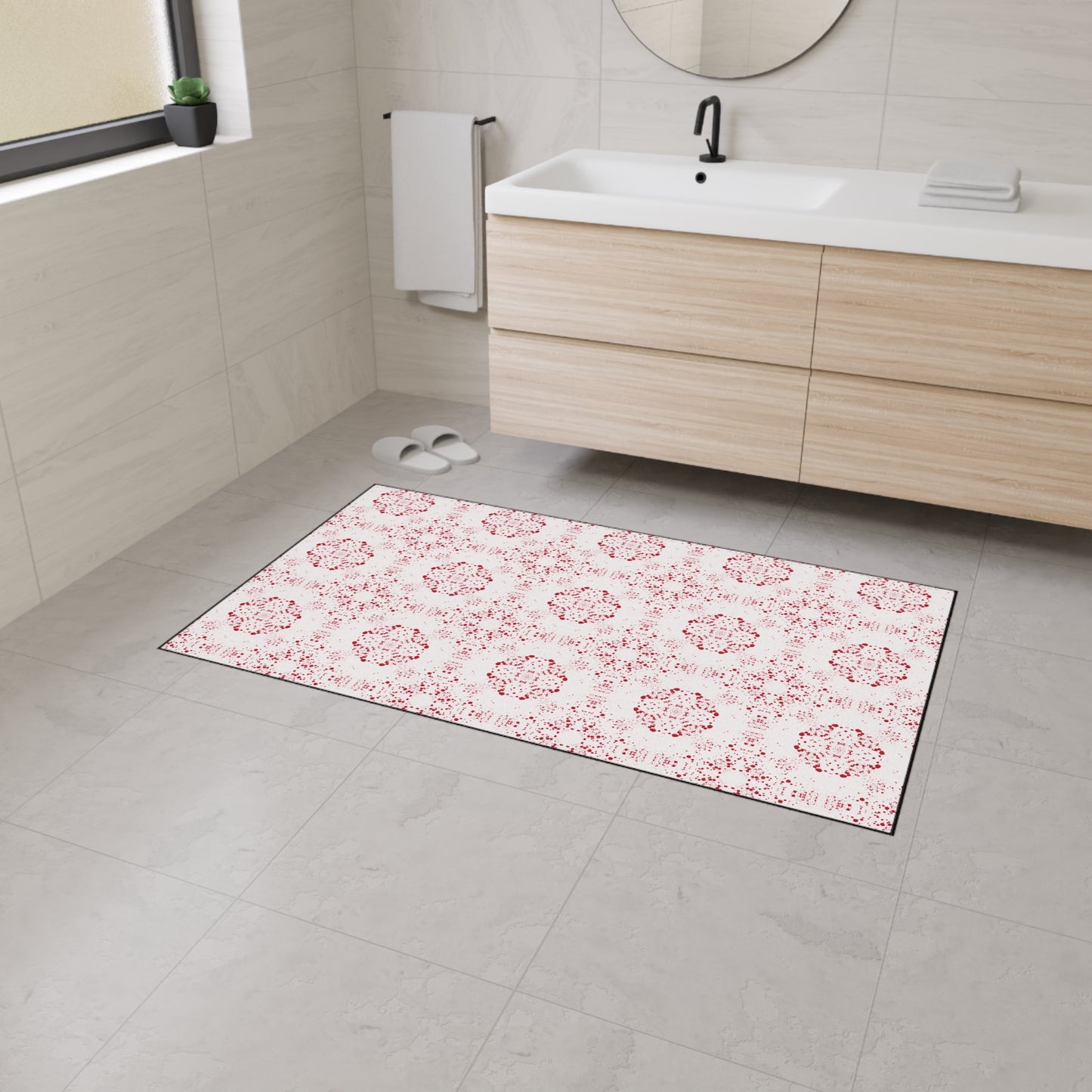 Elegant Heavy Duty Floor Mat Featuring Batik Scatter© in Red and White. Durable Entry Rug, Kitchen Mat, Home Decor, Modern Floor Covering, Decorative Area Rug