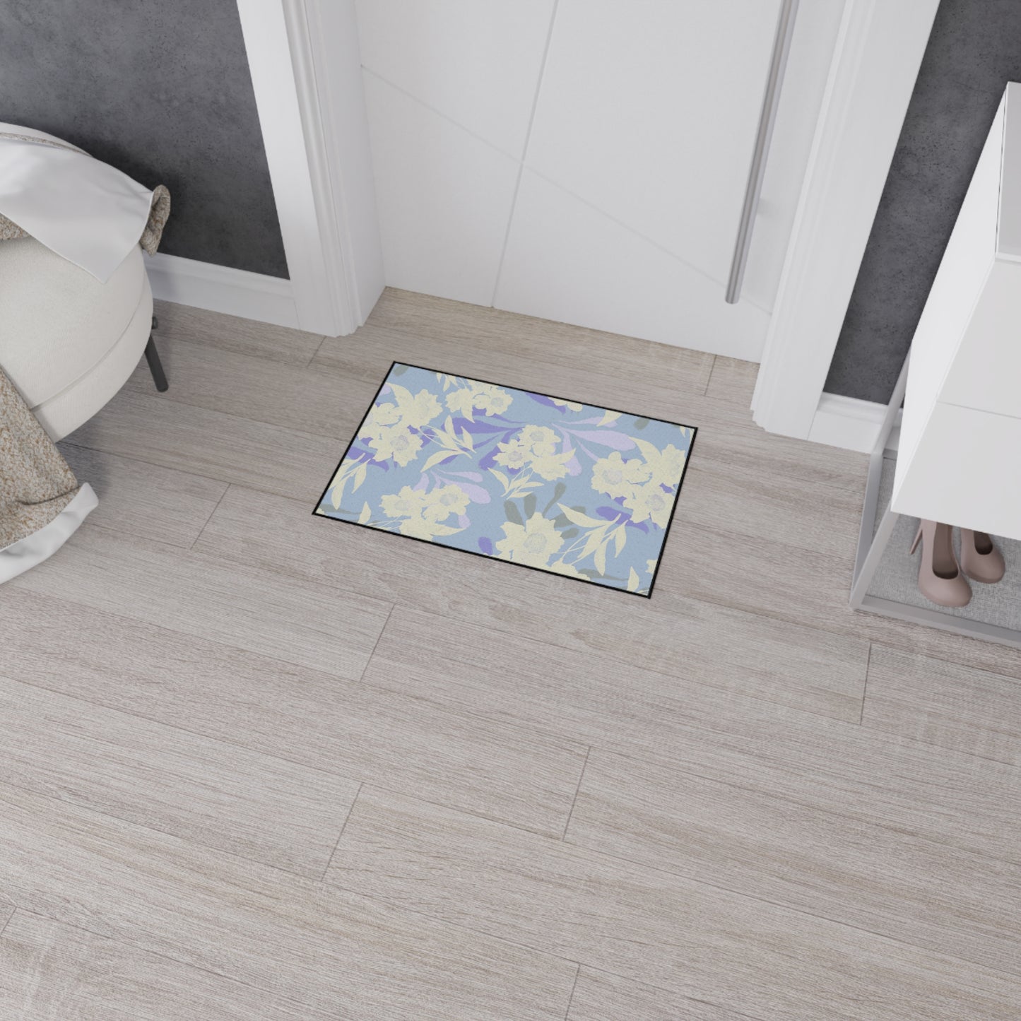 Elegant Floral Elaine© Periwinkle, Heavy Duty Floor Mat - Floral Rubber Entrance Rug, Non-Slip Kitchen Mat, Modern, Indoor/Outdoor Use