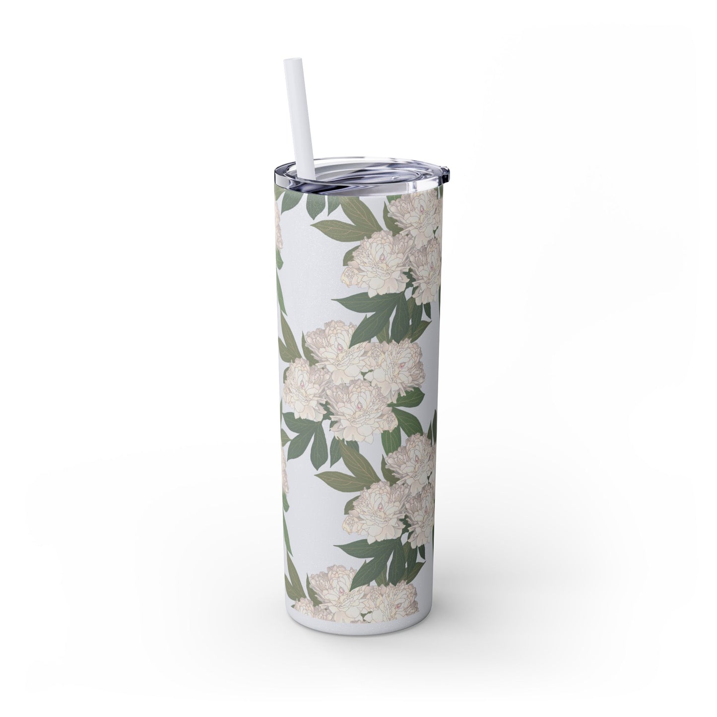 Floral Skinny Tumbler with Straw, 20oz featuring Rachel's Peonies© in a variety of colors and finishes. Easy to Hold Skinny Tumbler, Elegant Drinkware for Home, Office, Wedding, Gifts, and Daily Use