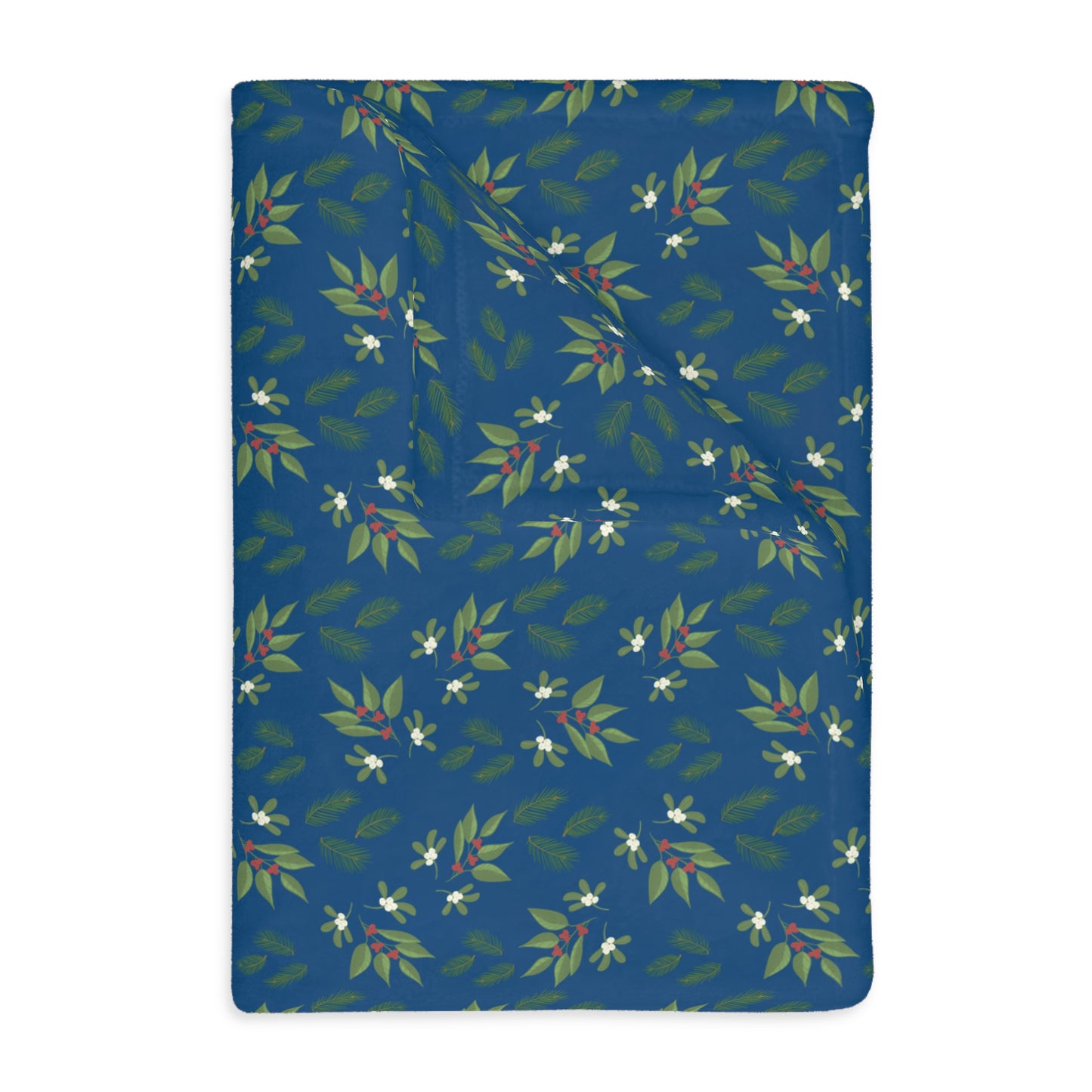 Velveteen Microfiber Blanket (Two-sided print) - Mistletoe, Berries and Sprigs, Dark Blue