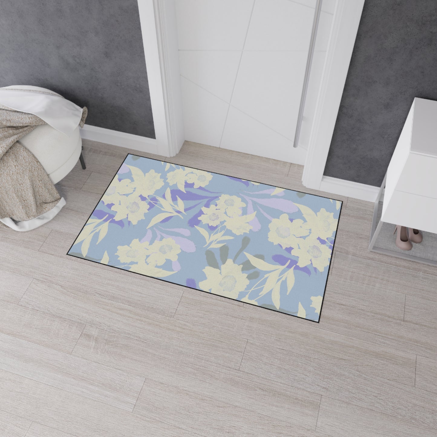 Elegant Floral Elaine© Periwinkle, Heavy Duty Floor Mat - Floral Rubber Entrance Rug, Non-Slip Kitchen Mat, Modern, Indoor/Outdoor Use