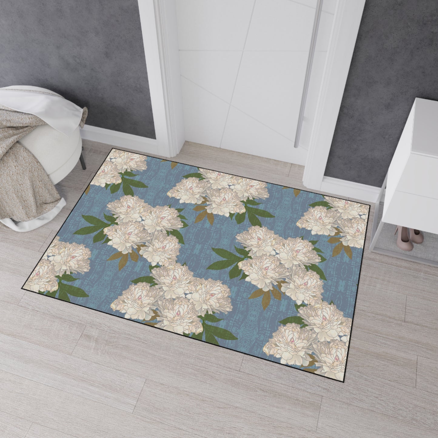 Stylish Heavy Duty Floor Mat, Featuring Rachel's Peonies© in Cornflower Blue. Durable & Elegant Home Decor, Entryway Rugs, Kitchen Mats, Floral Pattern, Versatile & Functional