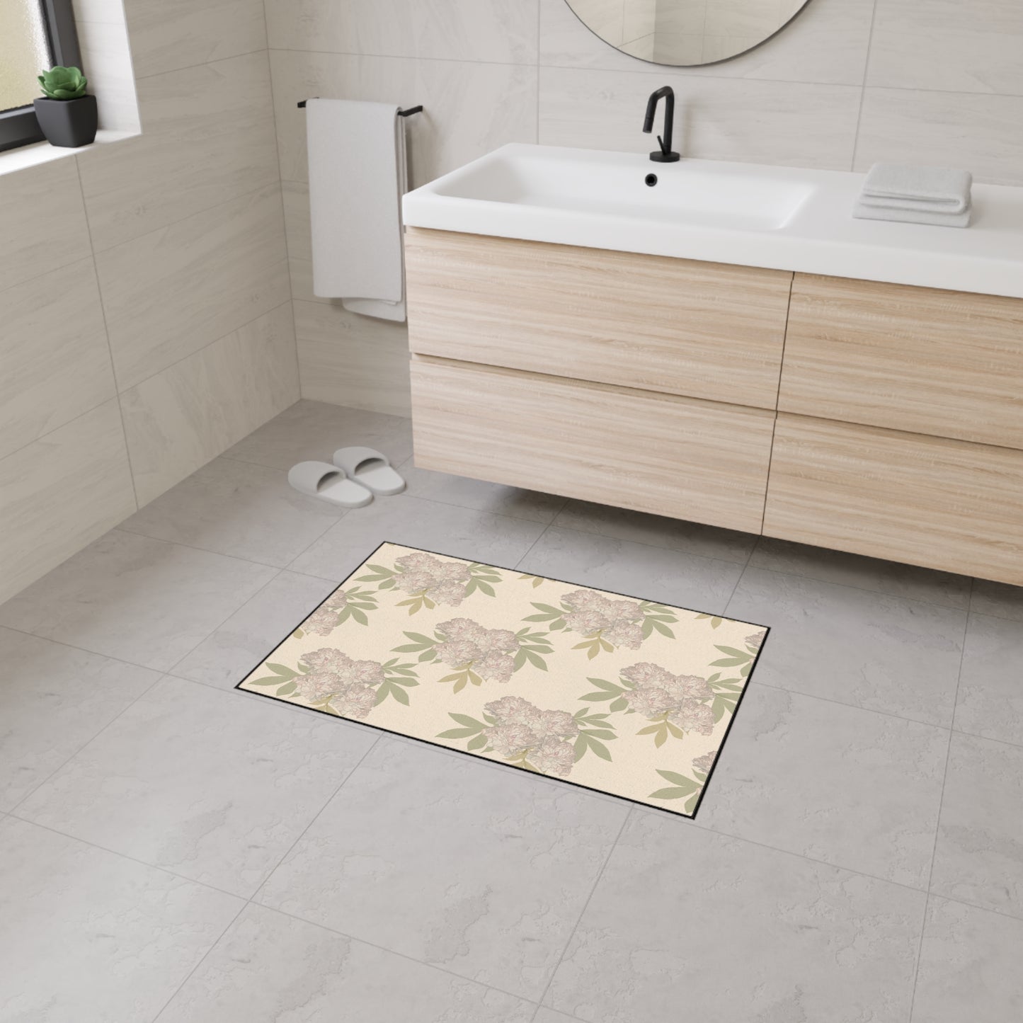 Heavy Duty Floor Mat - Featuring Rachel's Peonies© in Cream Floral Design Durable Rug for Entryway, Kitchen, Bathroom, Home Decor, Indoor & Outdoor Use