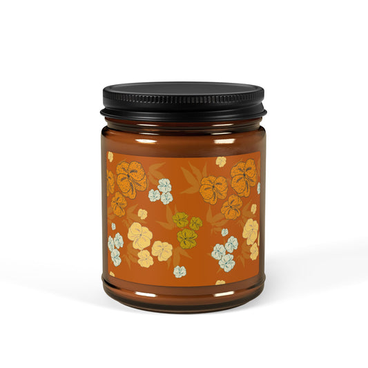 Textured Floral© Deep Orange, Scented Soy Candle in Amber Jar, Featuring Cozy Textured Floral© Autumn Design Aroma Candle