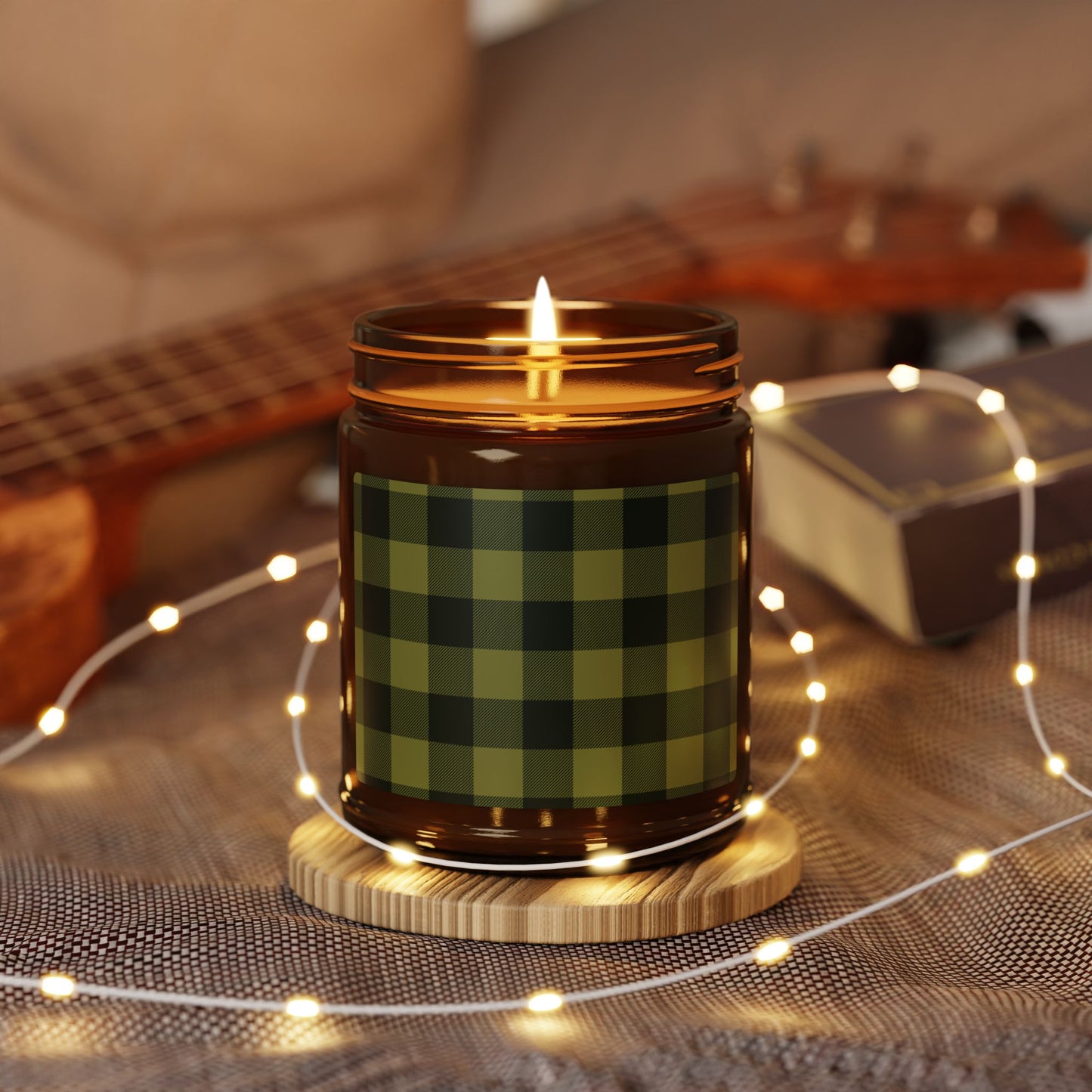 Rustic Plaid Scented Soy Candle, Olive, Cozy Home Decor, Eco-Friendly Gift, Green Checkered Pattern, Relaxation & Aromatherapy.