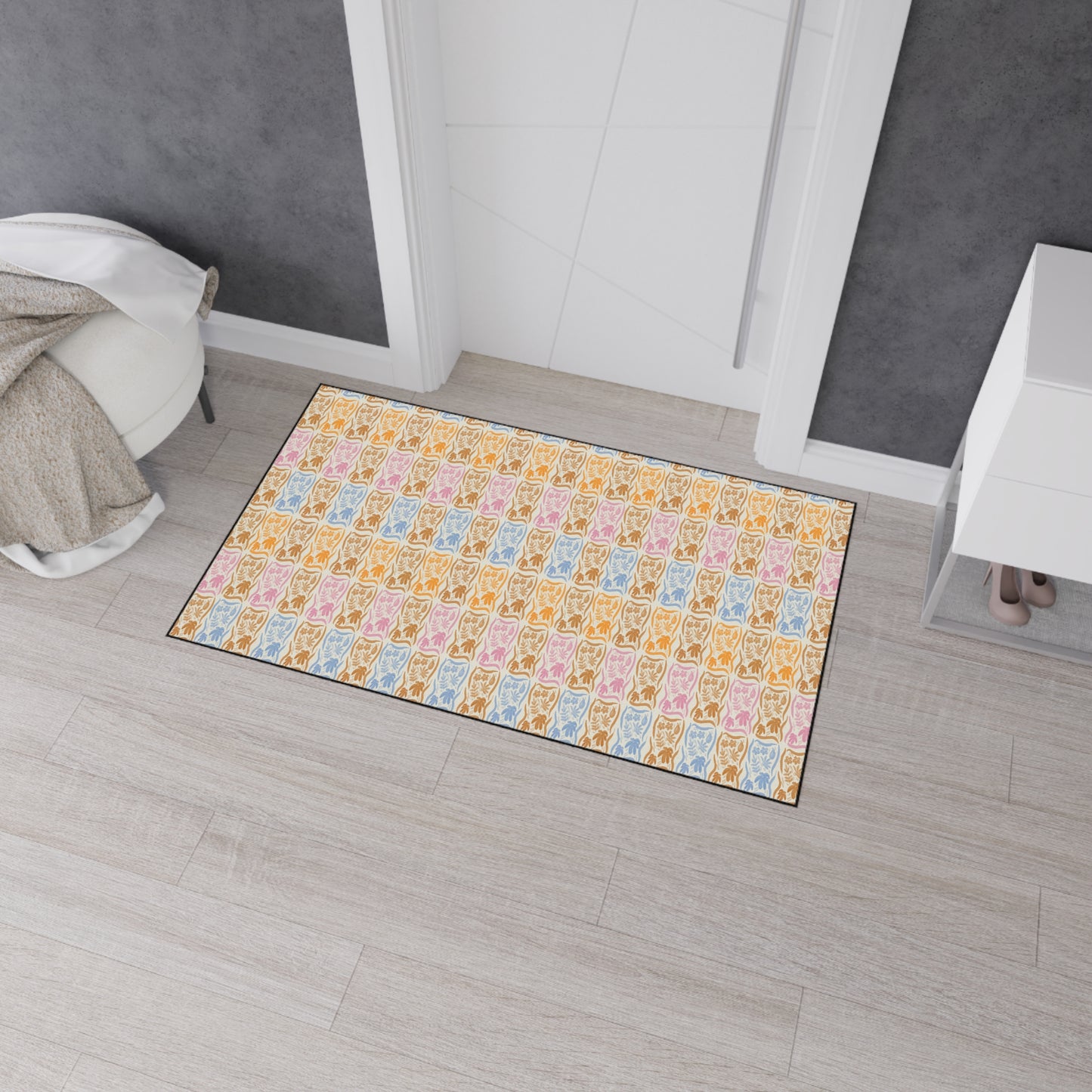 Stylish Heavy Duty Floor Mat - Boho Floral Block Print© Orange, Durable Entryway Rug, Non-Slip Doormat, Kitchen Floor Protector,