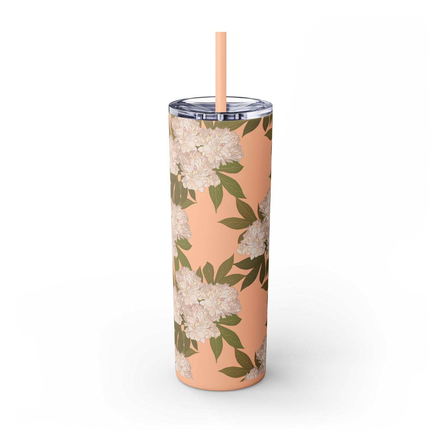 Floral Skinny Tumbler with Straw, 20oz featuring Rachel's Peonies© in a variety of colors and finishes. Easy to Hold Skinny Tumbler, Elegant Drinkware for Home, Office, Wedding, Gifts, and Daily Use