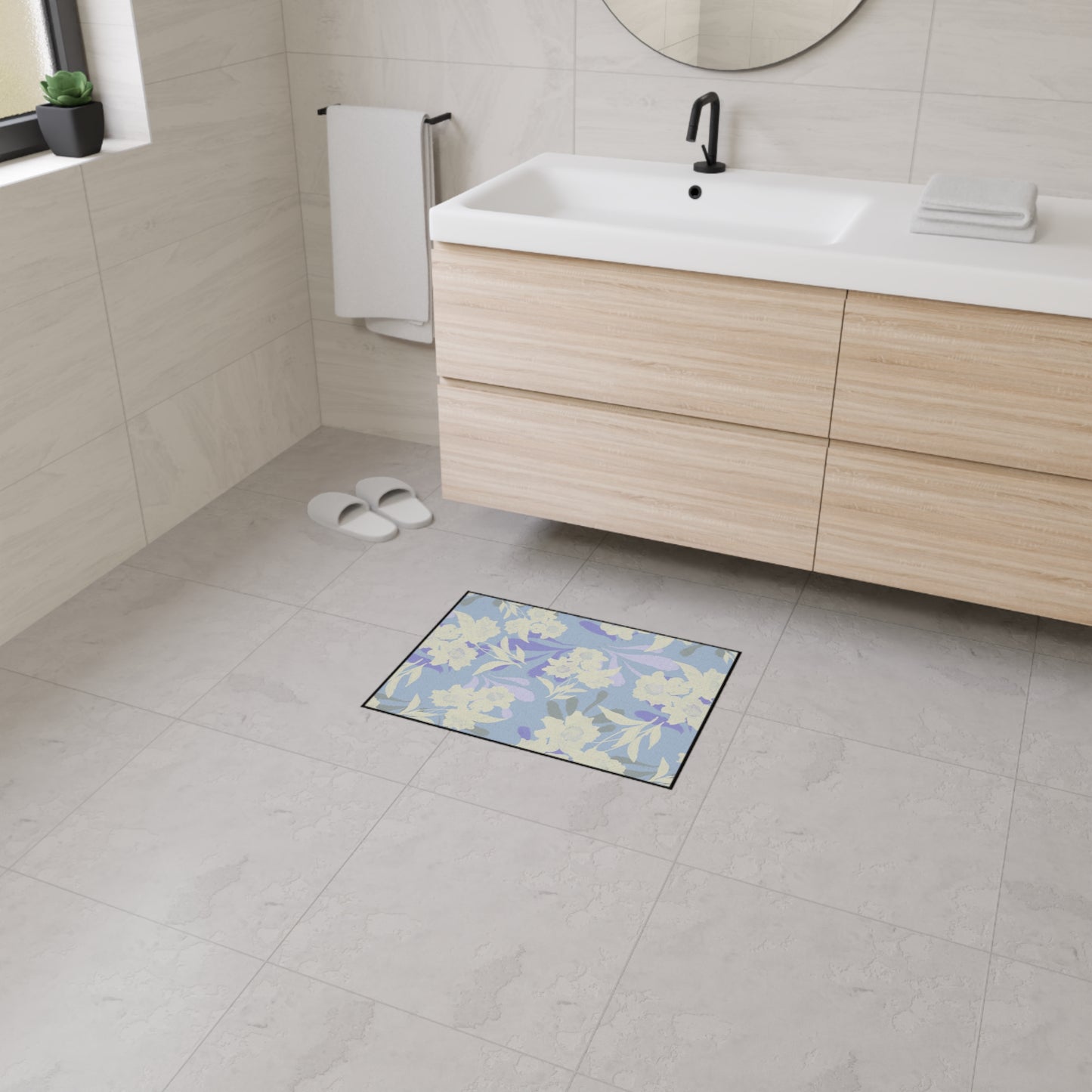 Elegant Floral Elaine© Periwinkle, Heavy Duty Floor Mat - Floral Rubber Entrance Rug, Non-Slip Kitchen Mat, Modern, Indoor/Outdoor Use