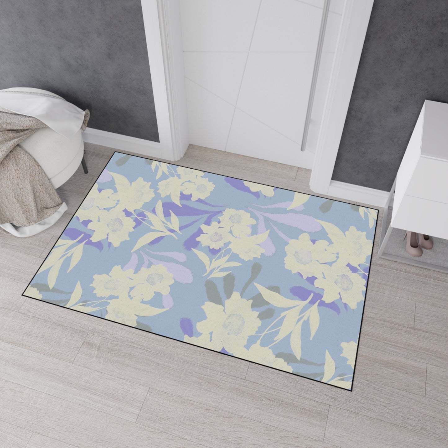 Elegant Floral Elaine© Periwinkle, Heavy Duty Floor Mat - Floral Rubber Entrance Rug, Non-Slip Kitchen Mat, Modern, Indoor/Outdoor Use